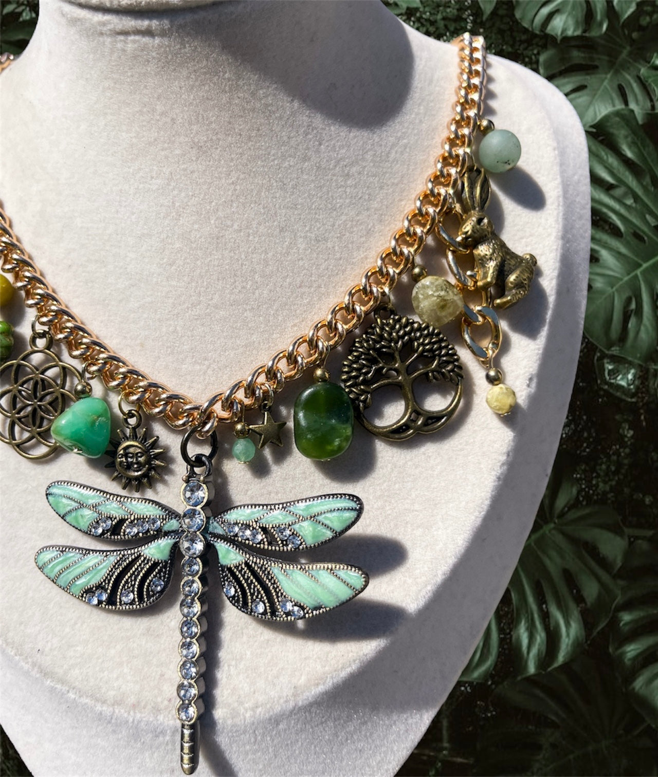 Chrysoprase, Jade + Peridot Dragonfly Charm Necklace