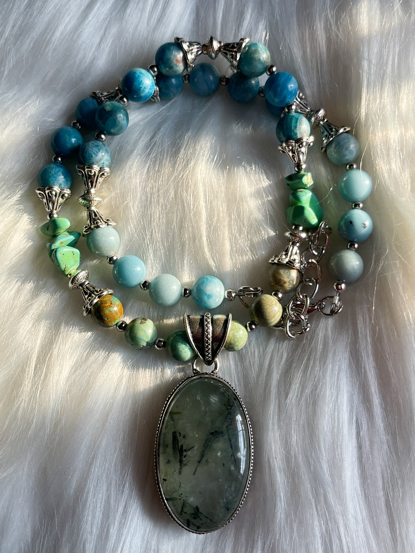 Prehnite, Chrysocolla, Turquoise + Blue Apatite Necklace