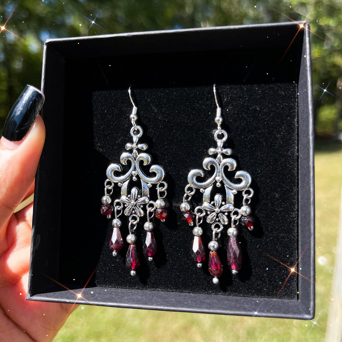 🥀 The Midnight Rose Set • Faceted Garnet Chandelier Necklace + Earrings