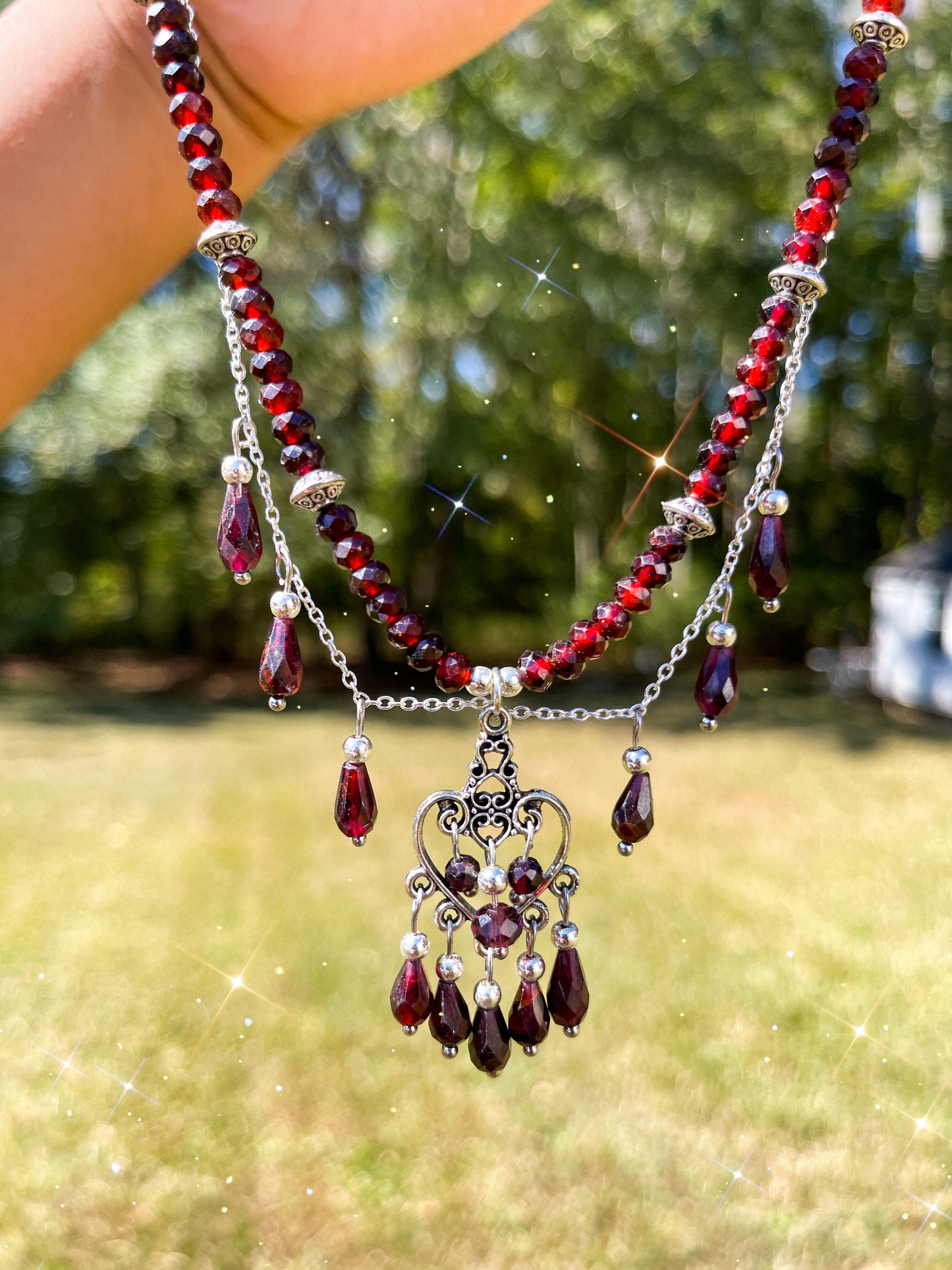 🥀 The Midnight Rose Set • Faceted Garnet Chandelier Necklace + Earrings