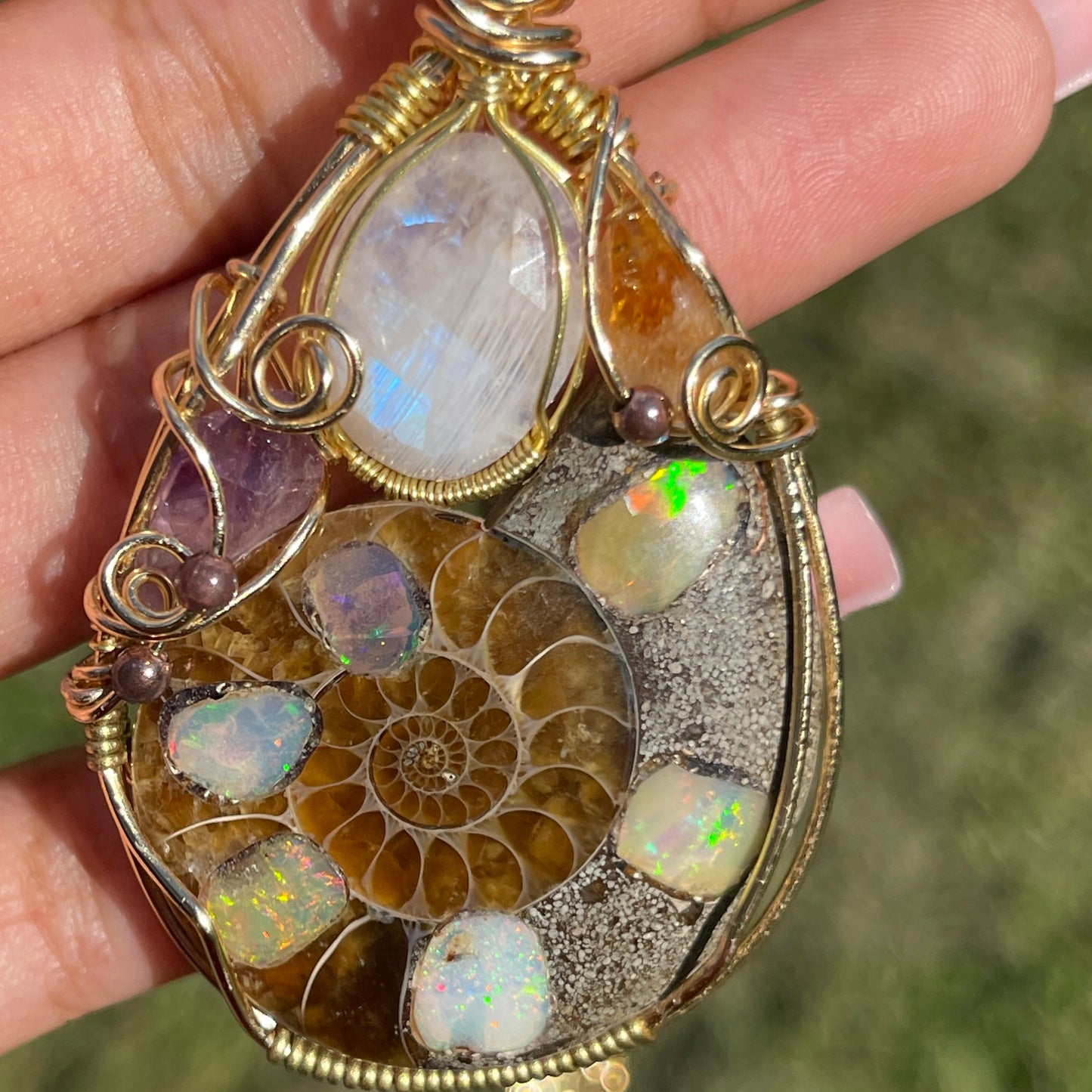 Suki • Large Ethiopian Opal Inlayed Ammonite, Moonstone, Amethyst + Citrine Talisman (RARE)