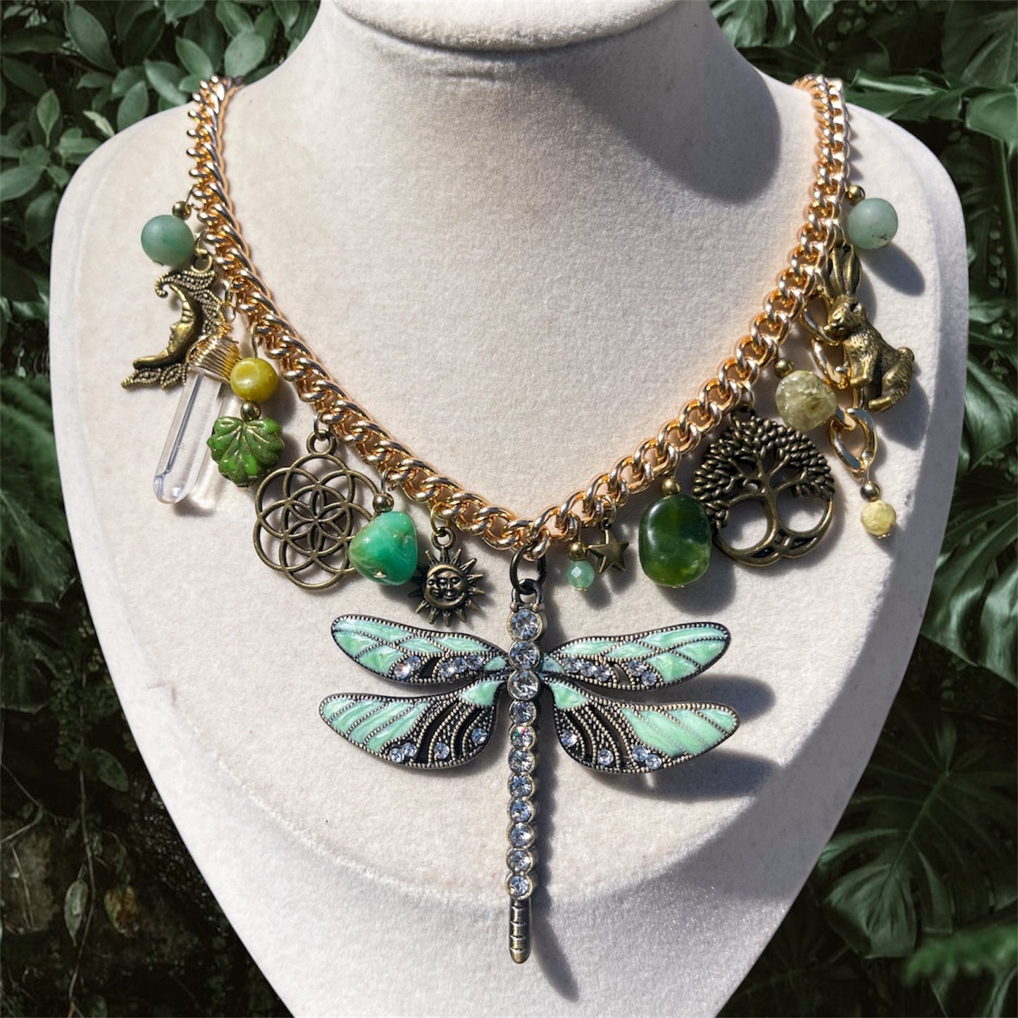 Chrysoprase, Jade + Peridot Dragonfly Charm Necklace