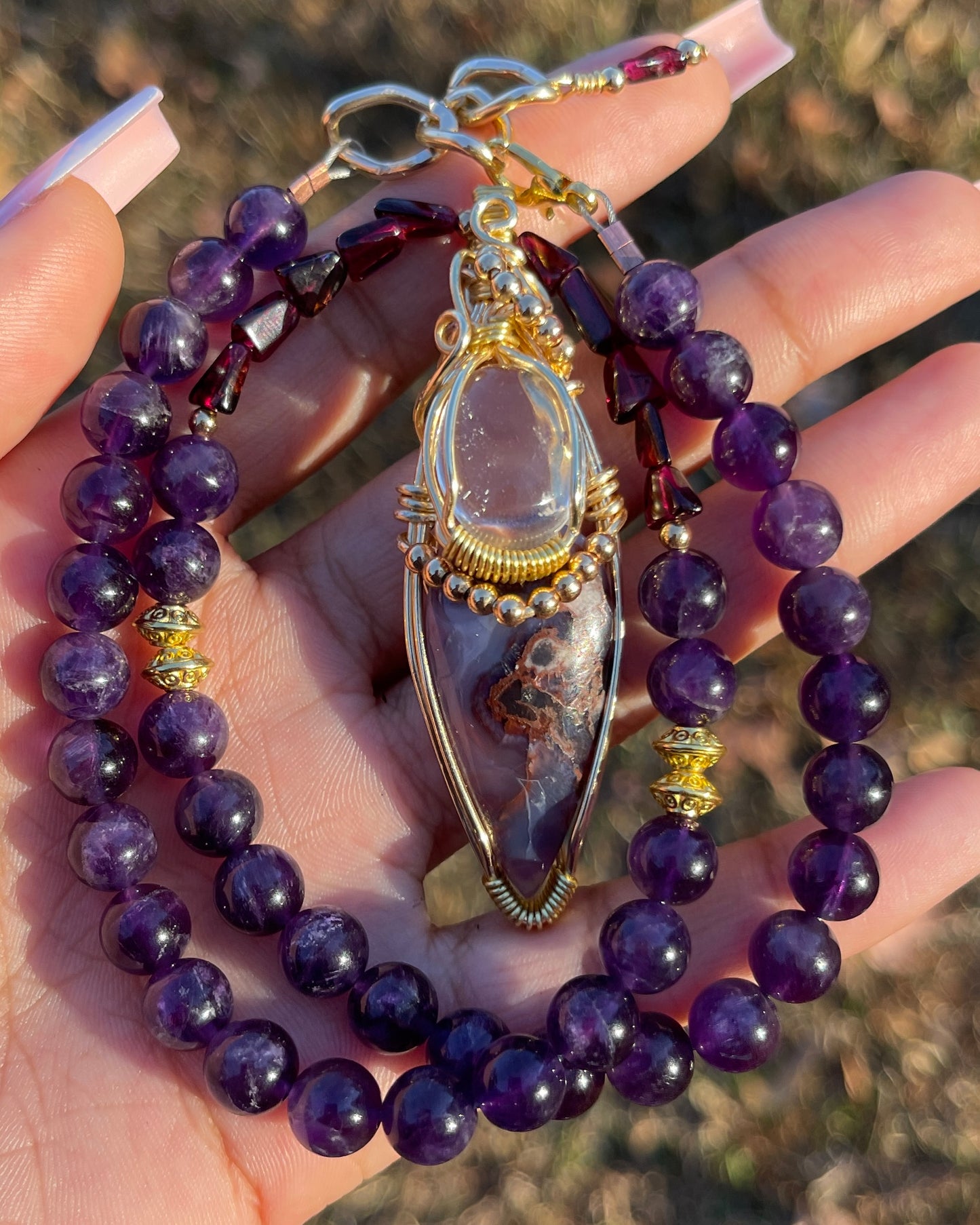Solstice • Purple Sakura Agate, Amethyst + Clear Quartz Necklace