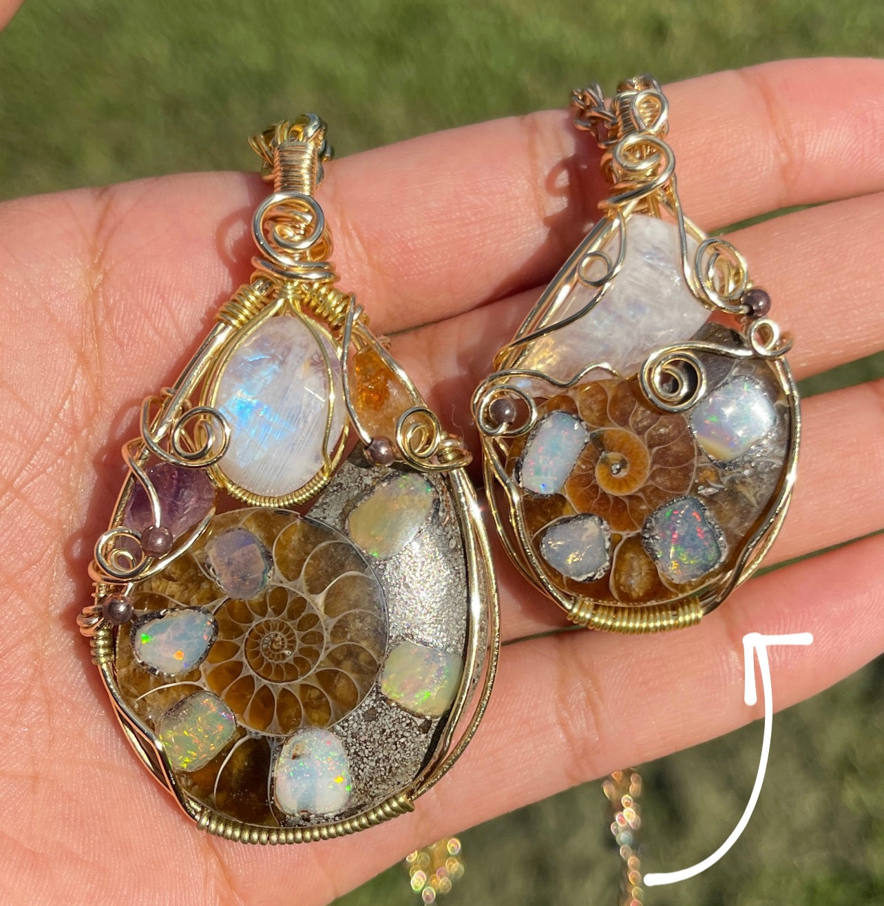 Quinn • Ethiopian Opal Inlayed Ammonite + Moonstone Pendant (RARE)