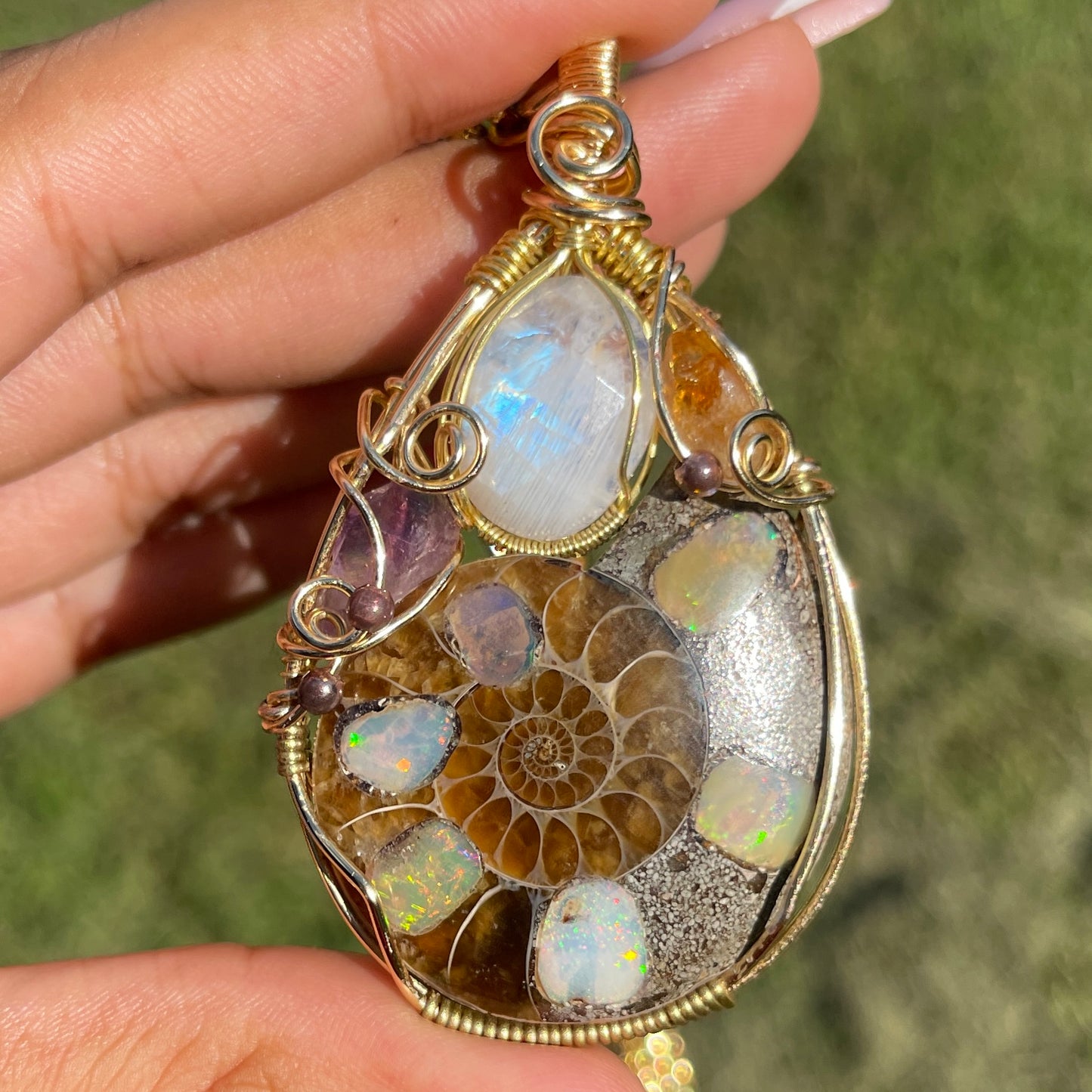 Suki • Large Ethiopian Opal Inlayed Ammonite, Moonstone, Amethyst + Citrine Talisman (RARE)