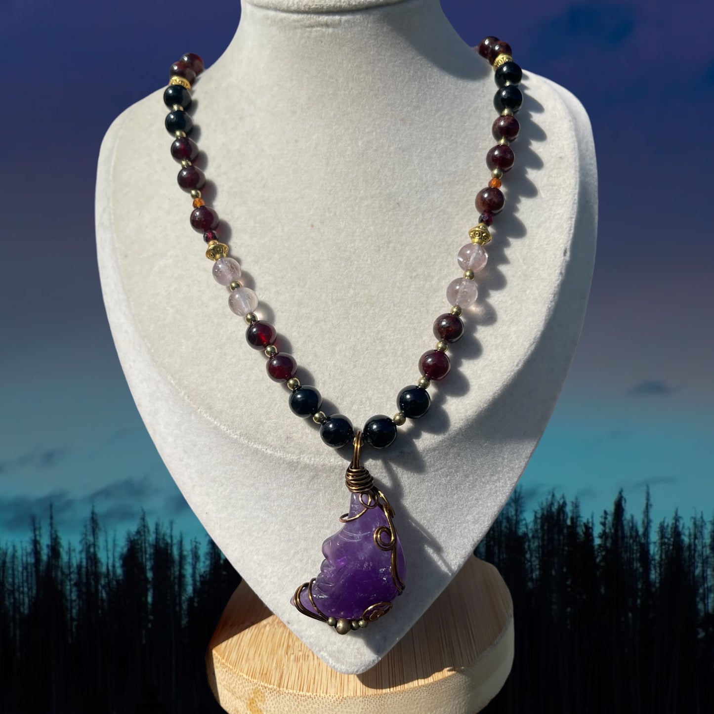 Amethyst, Garnet + Obsidian Moon Necklace
