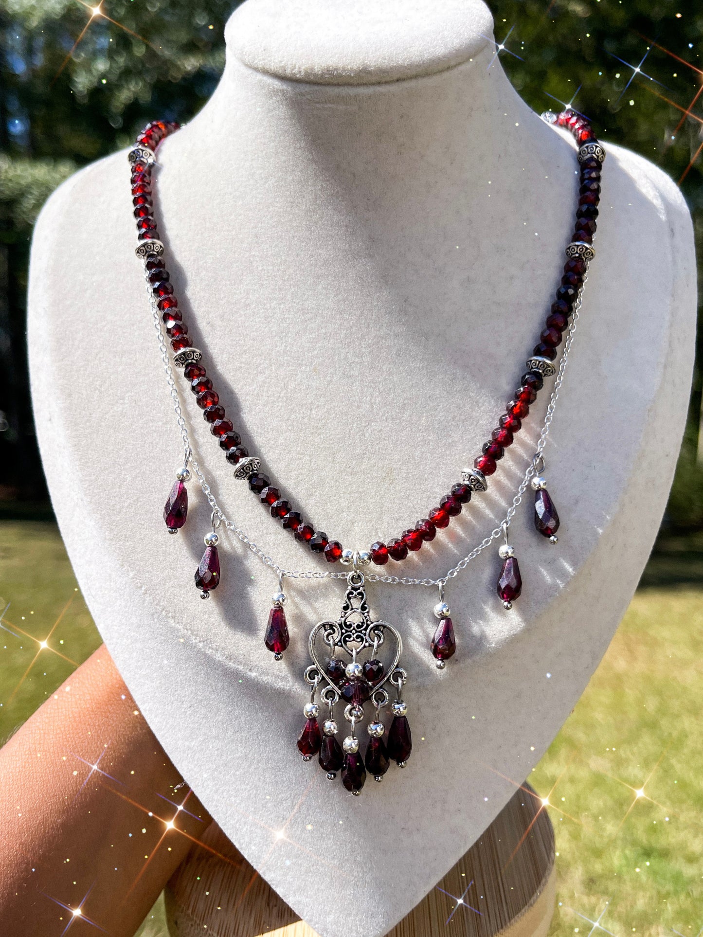 🥀 The Midnight Rose Set • Faceted Garnet Chandelier Necklace + Earrings