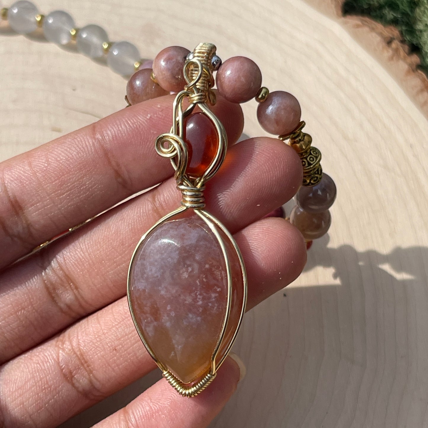 Aphrodite • Hessonite Garnet, Indian Agate, Carnelian, Moonstone + Rhodonite Necklace