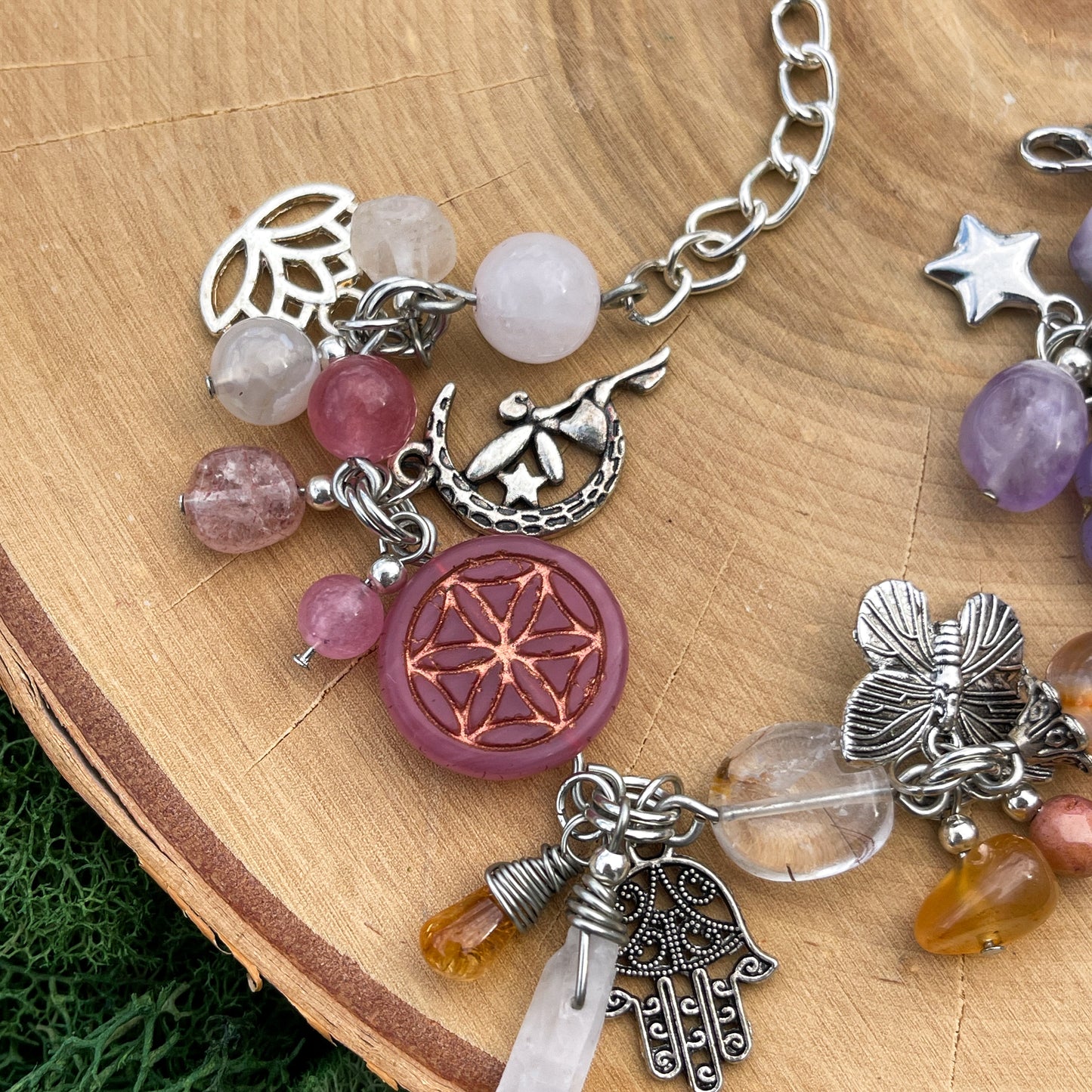 Strawberry Moon Charm Bracelet • Peach Moonstone, Fluorite, Strawberry Quartz, Citrine