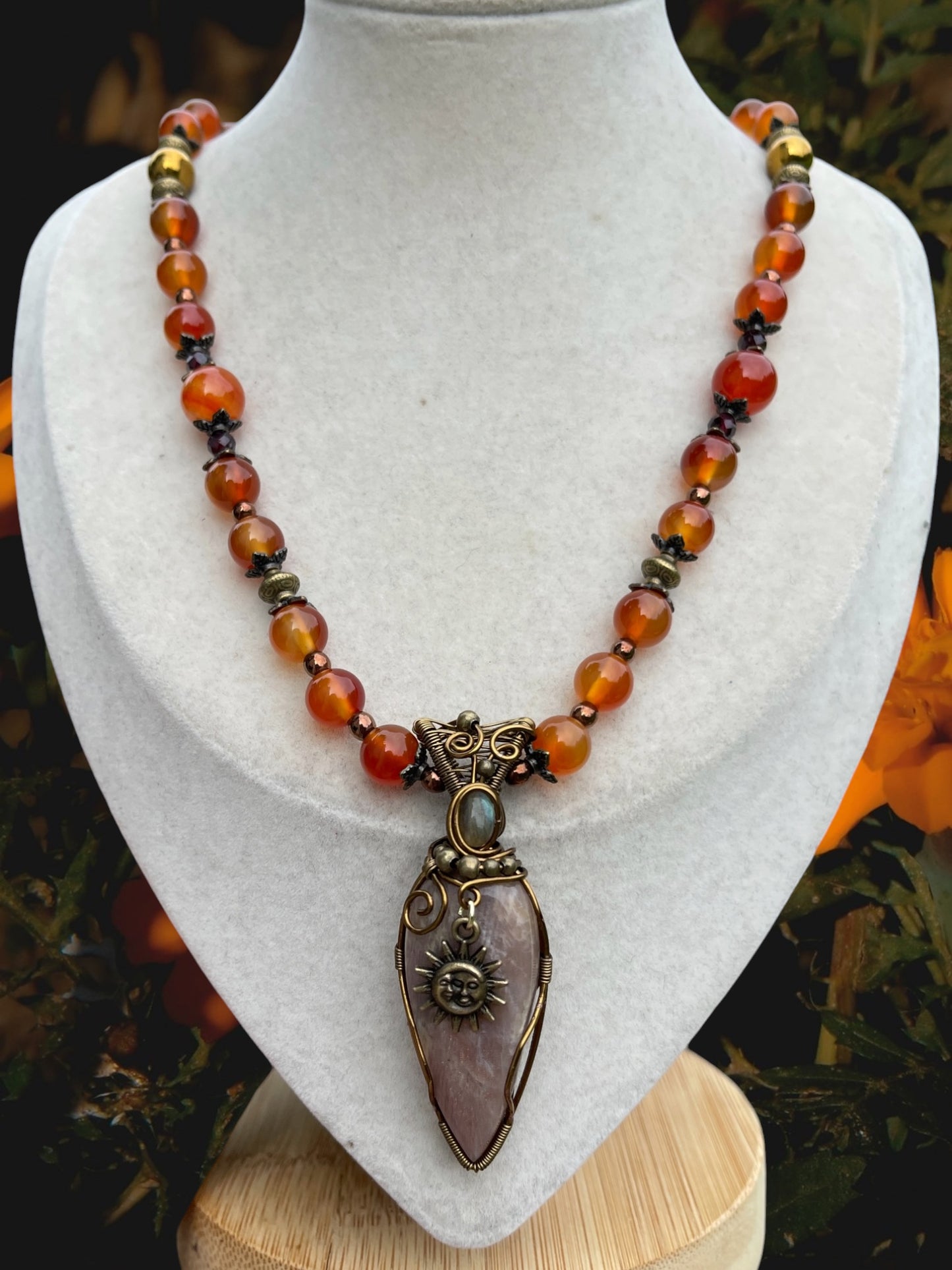 Solmara • Belmorite Moonstone, Labradorite + Orange Agate Necklace