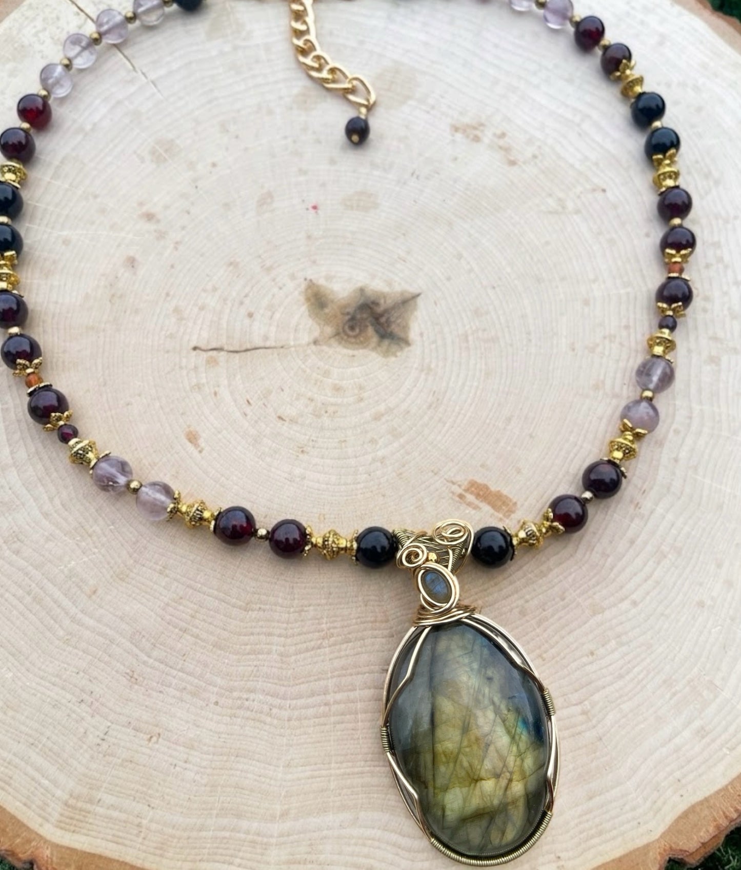 Mystara • Labradorite, Obsidian, Auralite + Garnet Necklace