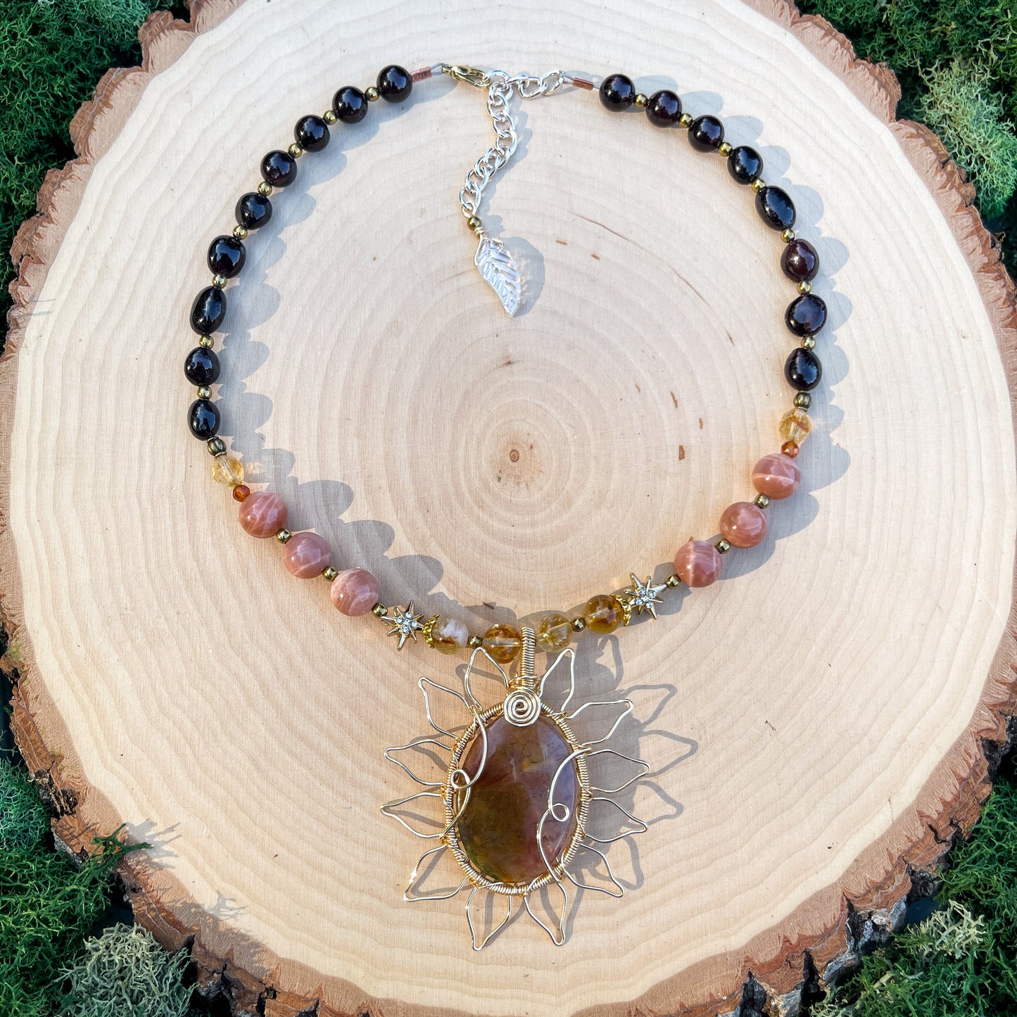 Ember • Peach Mossy Agate, Sunstone, Citrine + Garnet Sunflower Necklace