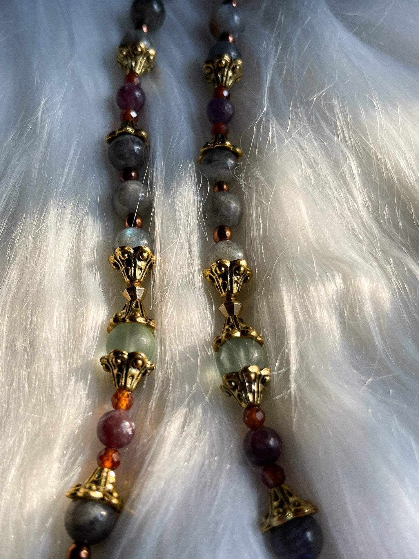 Tibetan Quartz, Fluorite, Labradorite, Lepidolite + Garnet Necklace