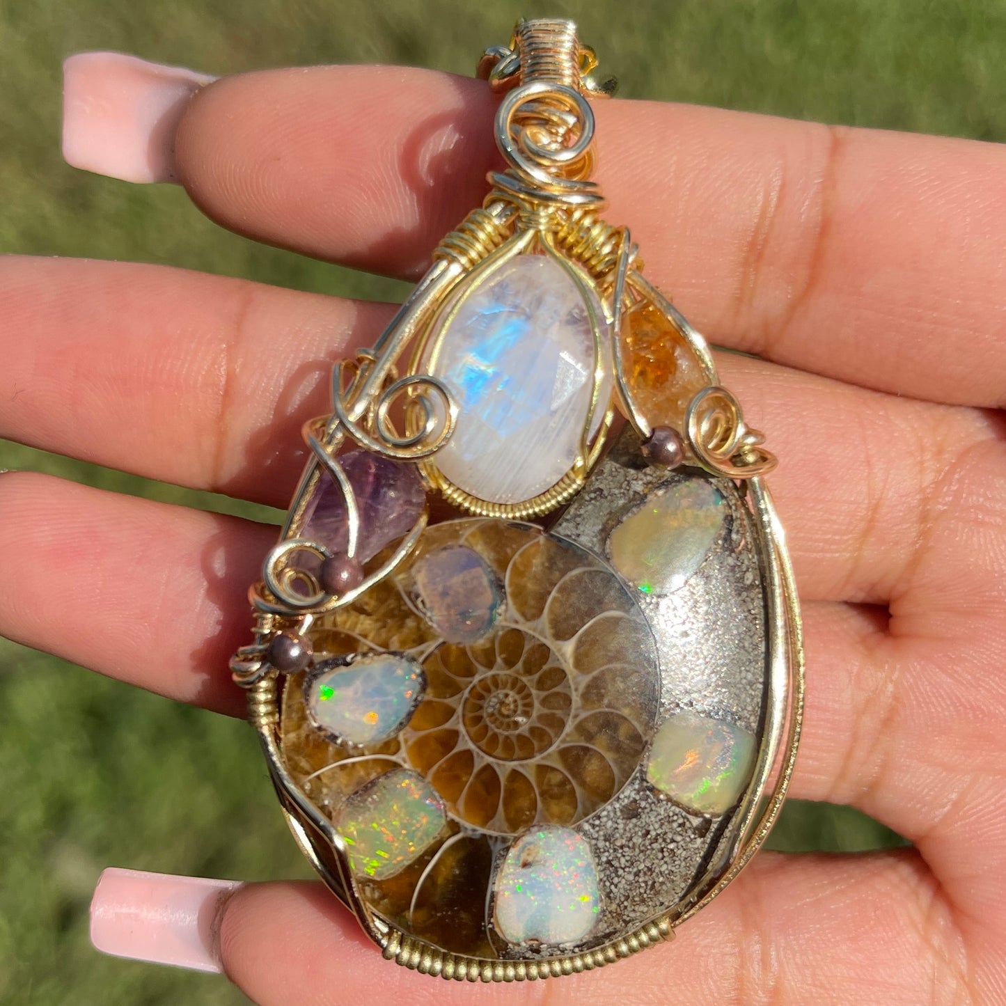Suki • Large Ethiopian Opal Inlayed Ammonite, Moonstone, Amethyst + Citrine Talisman (RARE)