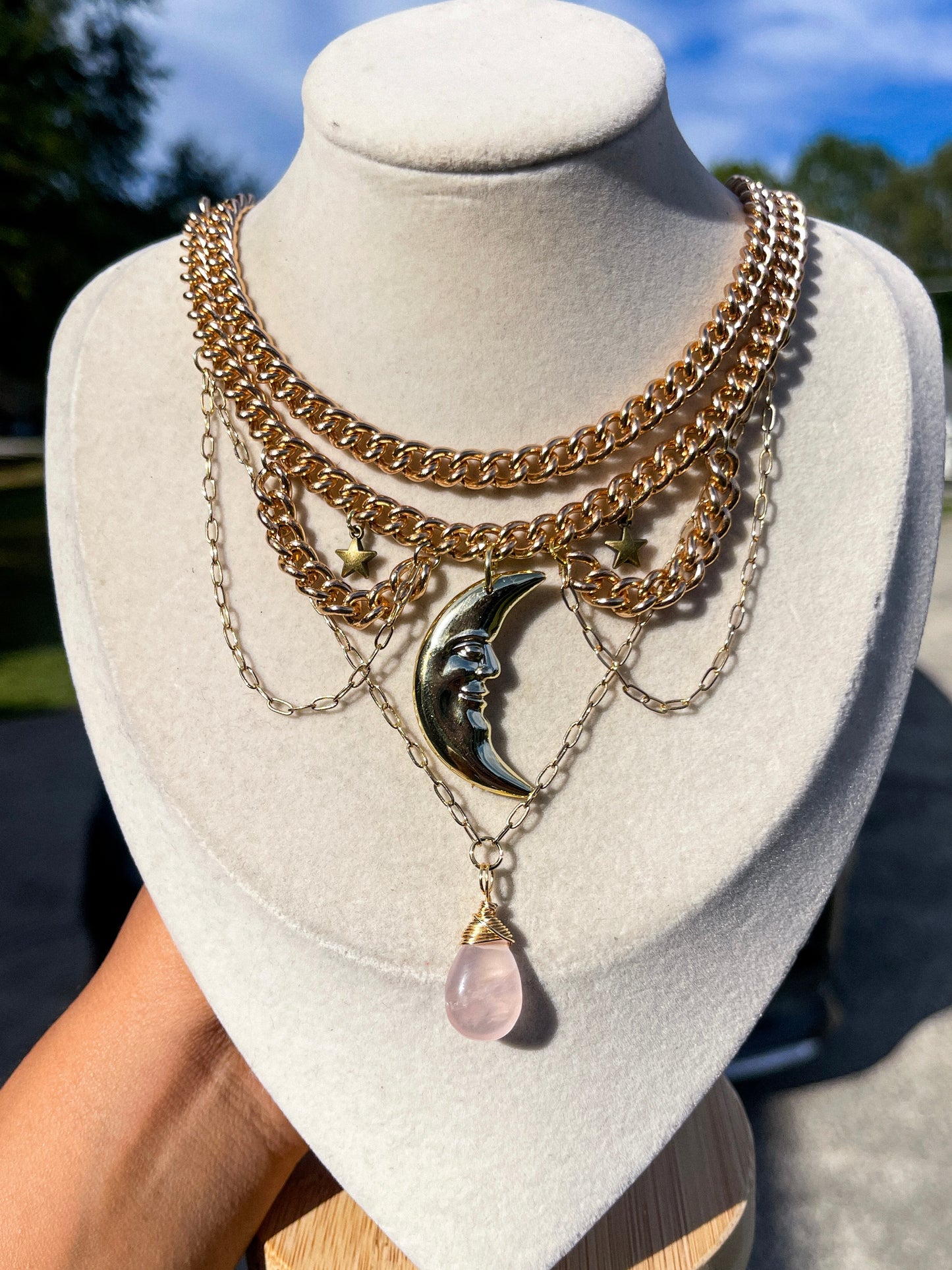 Celestial Rose Quartz Golden Necklace