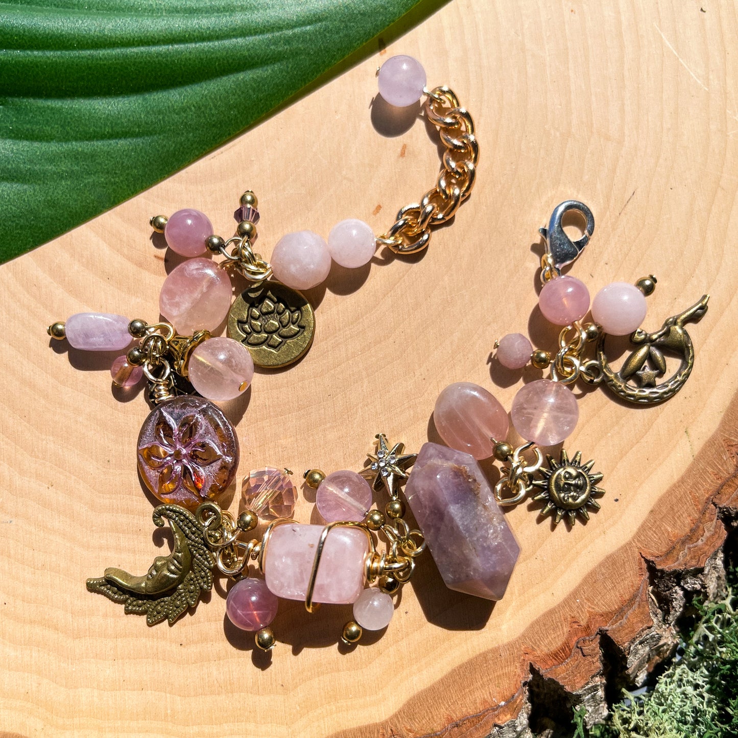Strawberry Quartz, Fluorite + Madagascar Rose Charm Bracelet