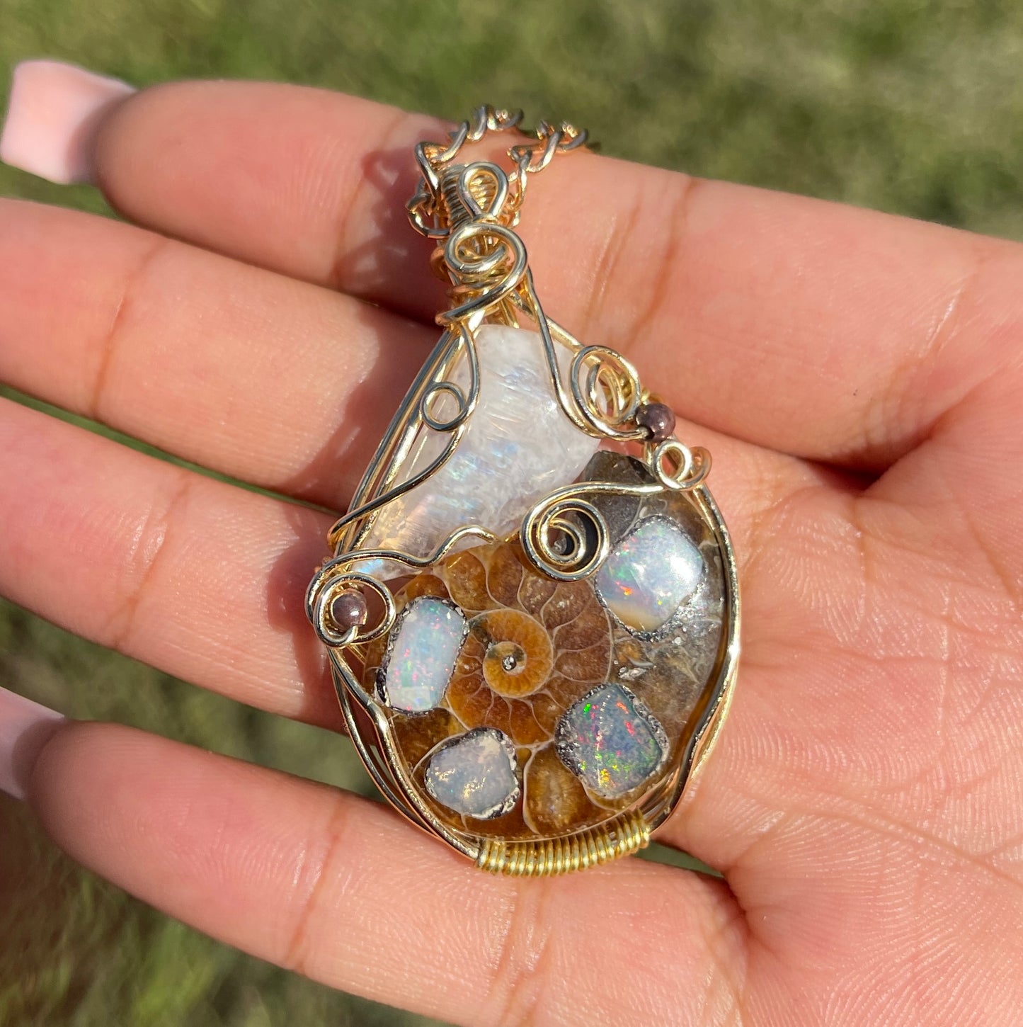 Quinn • Ethiopian Opal Inlayed Ammonite + Moonstone Pendant (RARE)