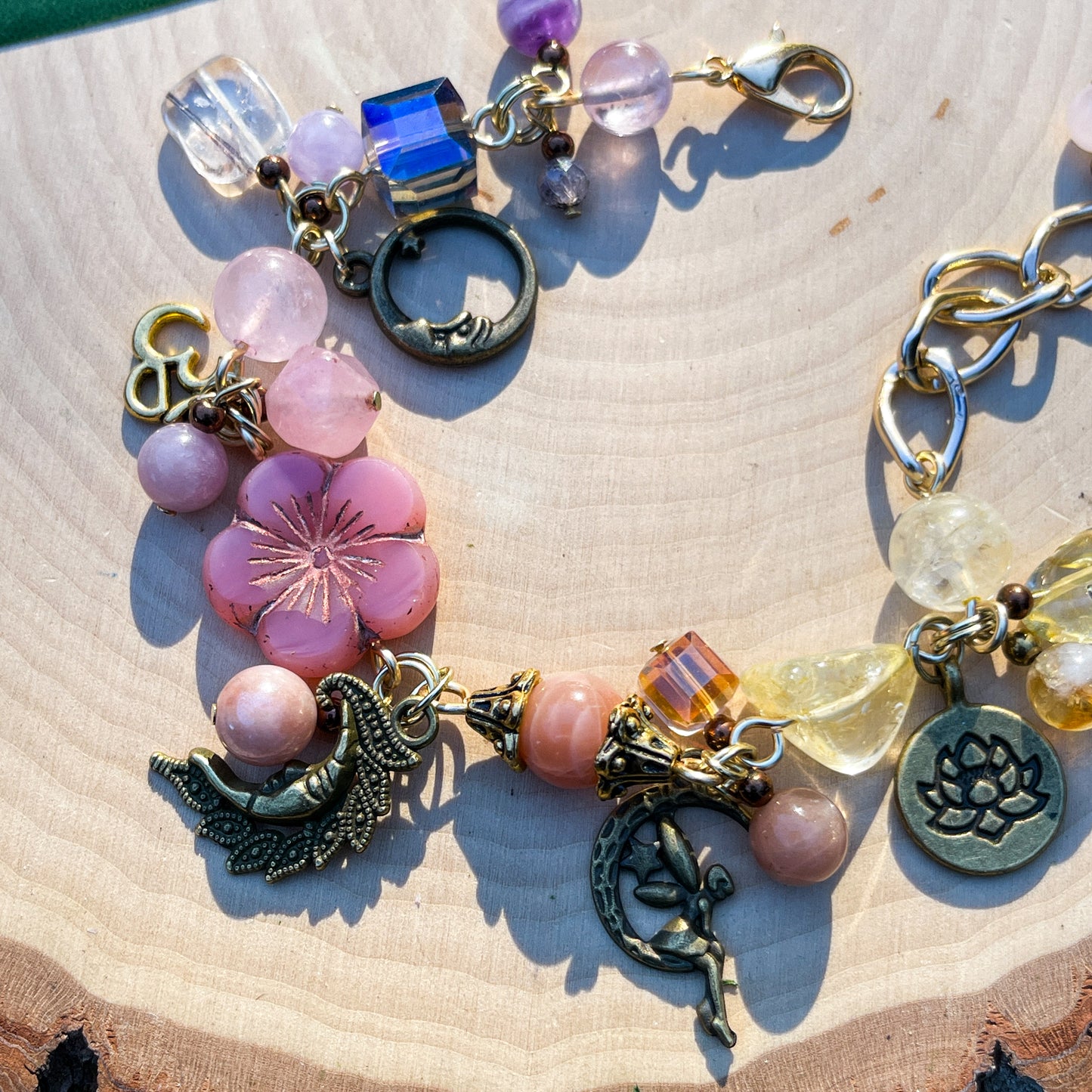 Citrine, Rose Quartz, Peach Moonstone + Amethyst Charm Bracelet