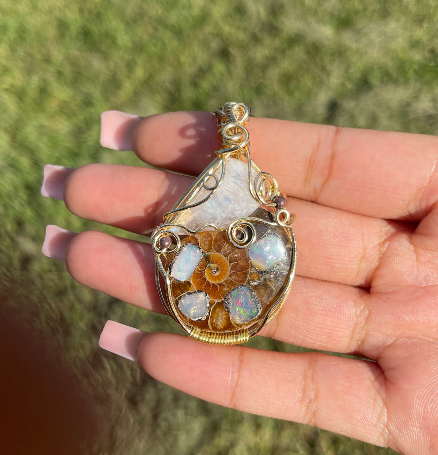 Quinn • Ethiopian Opal Inlayed Ammonite + Moonstone Pendant (RARE)