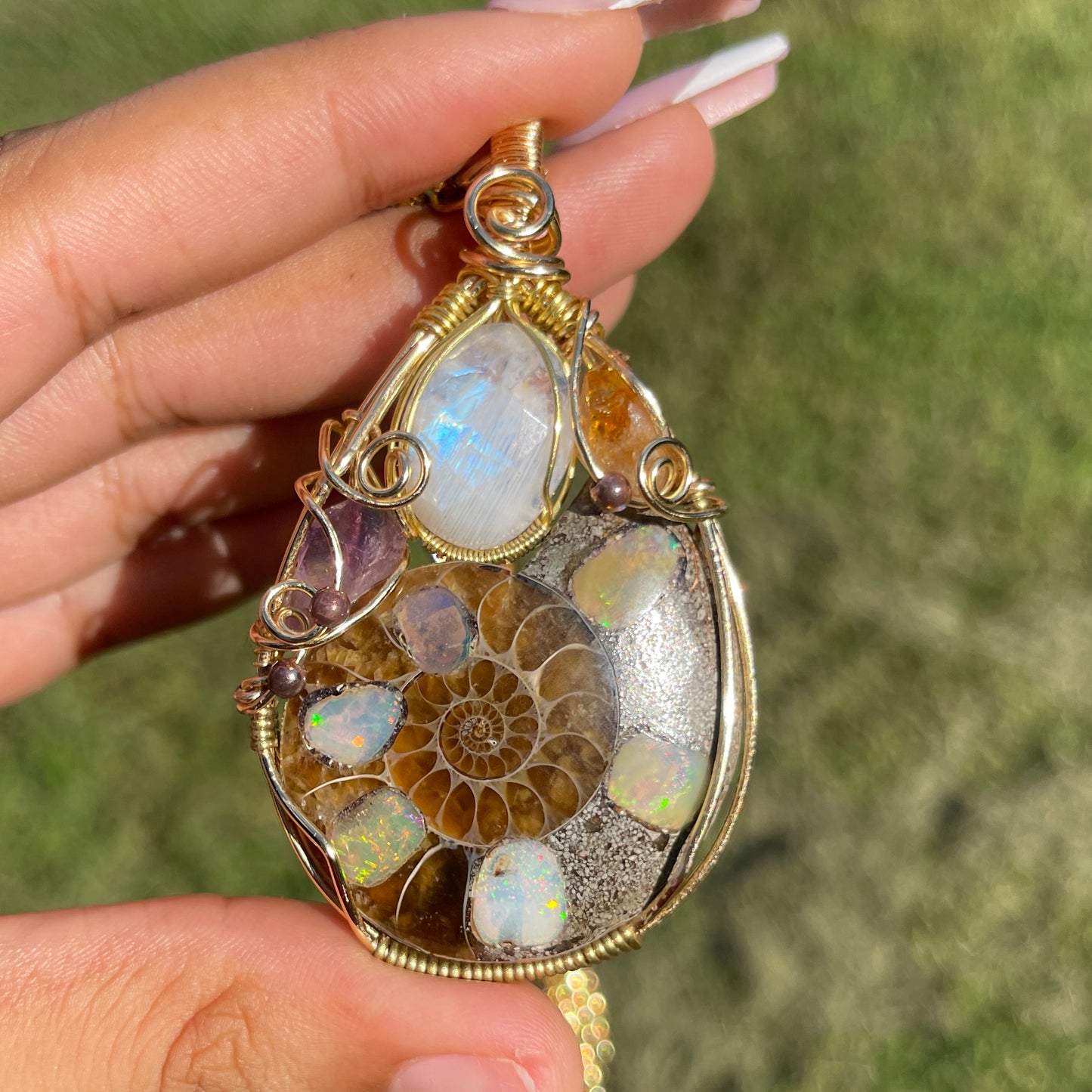 Suki • Large Ethiopian Opal Inlayed Ammonite, Moonstone, Amethyst + Citrine Talisman (RARE)