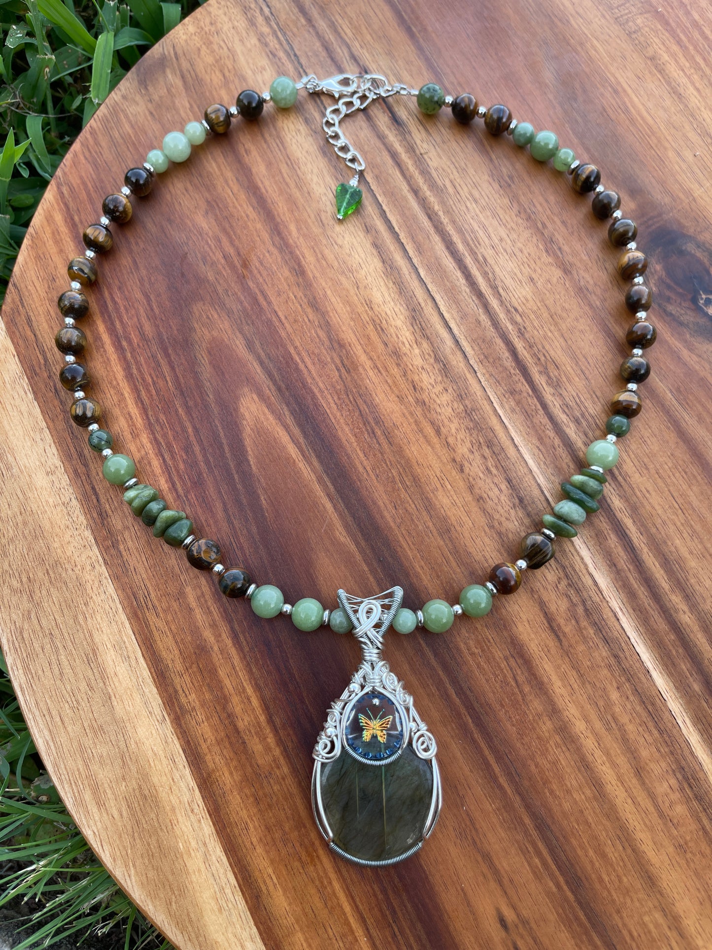 Labradorite, Jade + Tigers Eye Butterfly Necklace