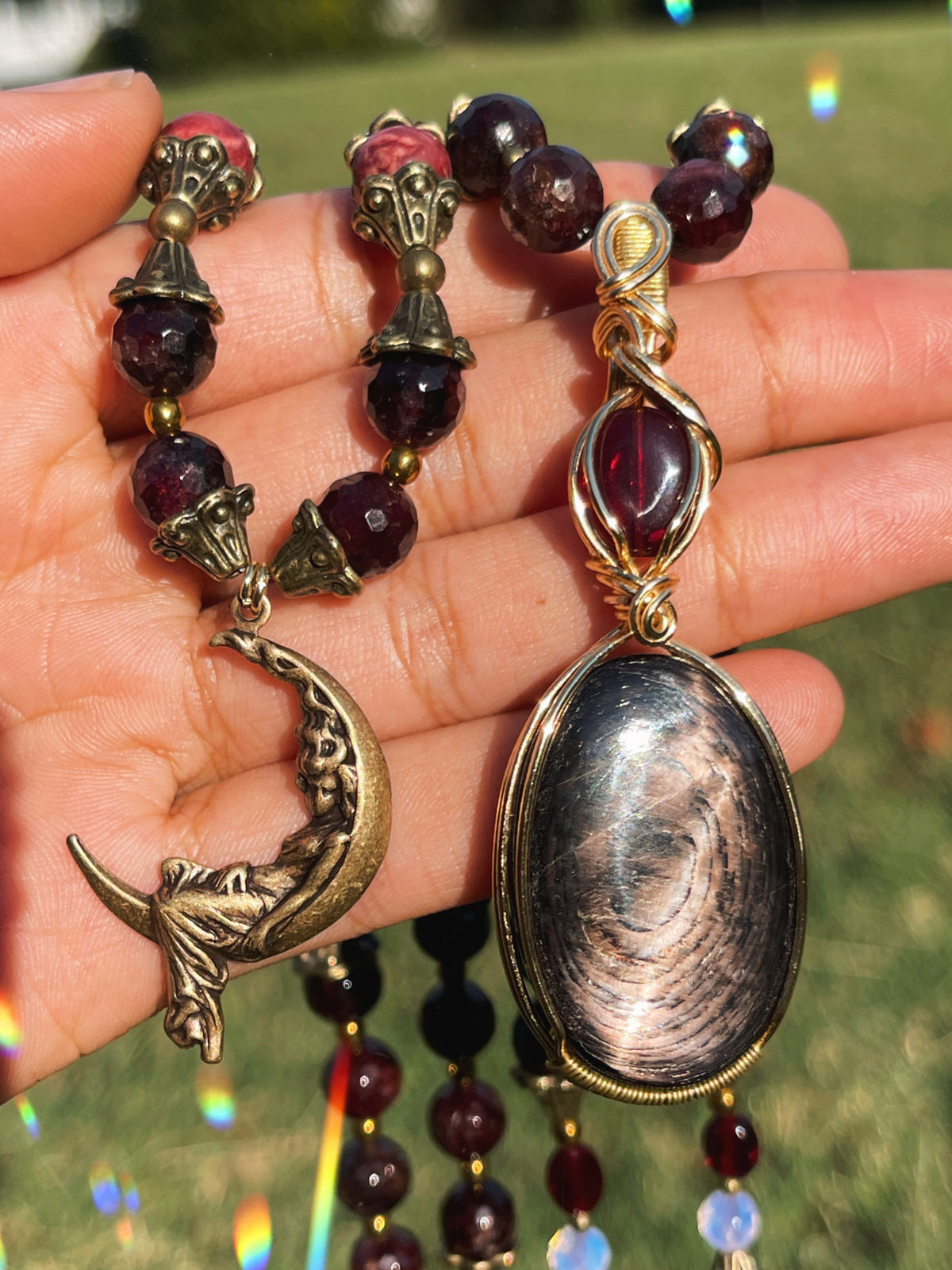 Raven • Goldsheen Obsidian, Blood Garnet + Rhodonite Necklace Set