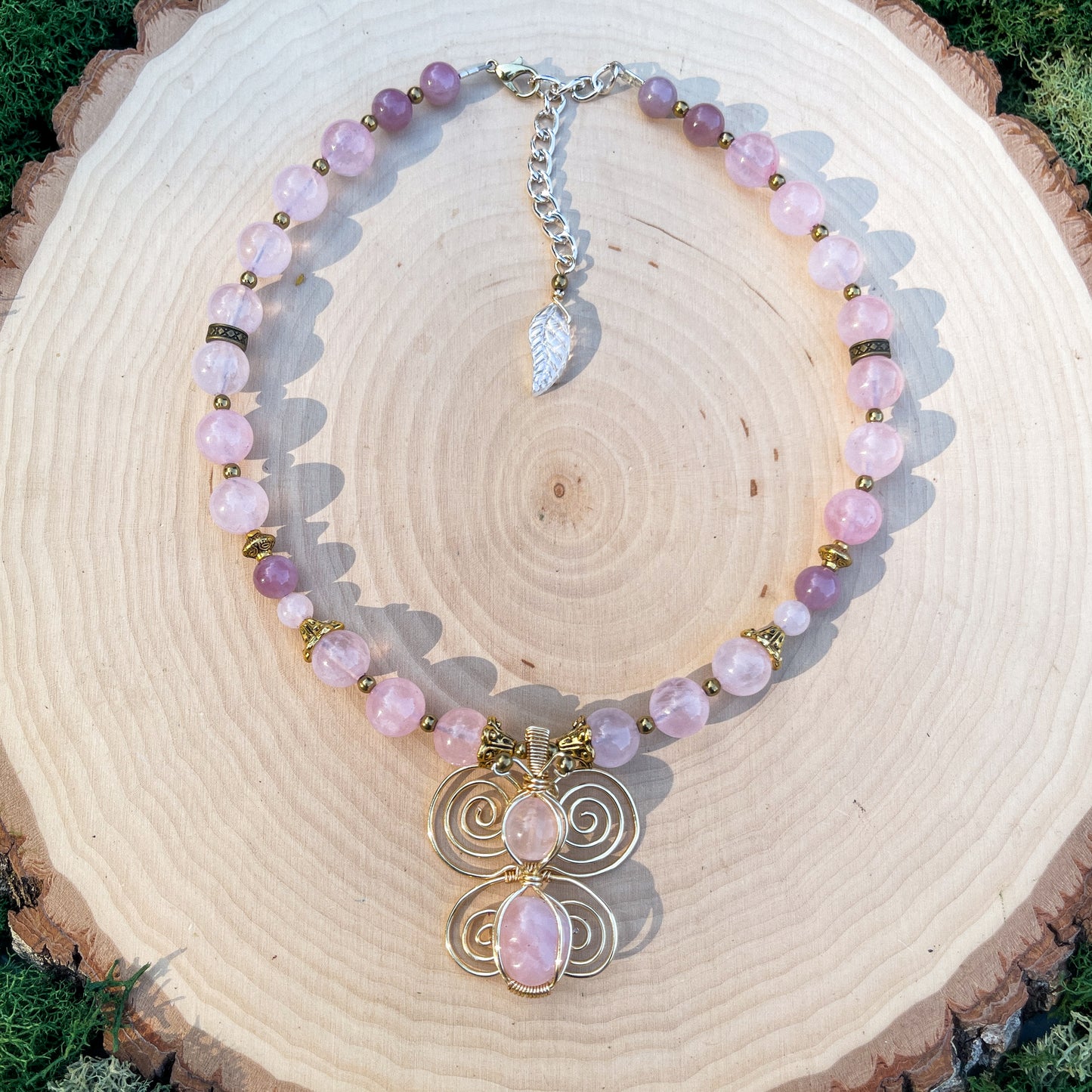 Bubblegum Rose Quartz Butterfly Necklace