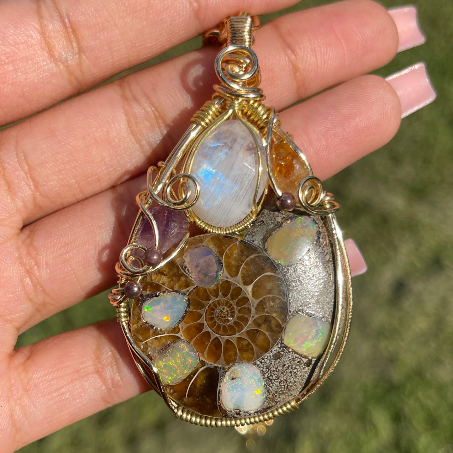 Suki • Large Ethiopian Opal Inlayed Ammonite, Moonstone, Amethyst + Citrine Talisman (RARE)
