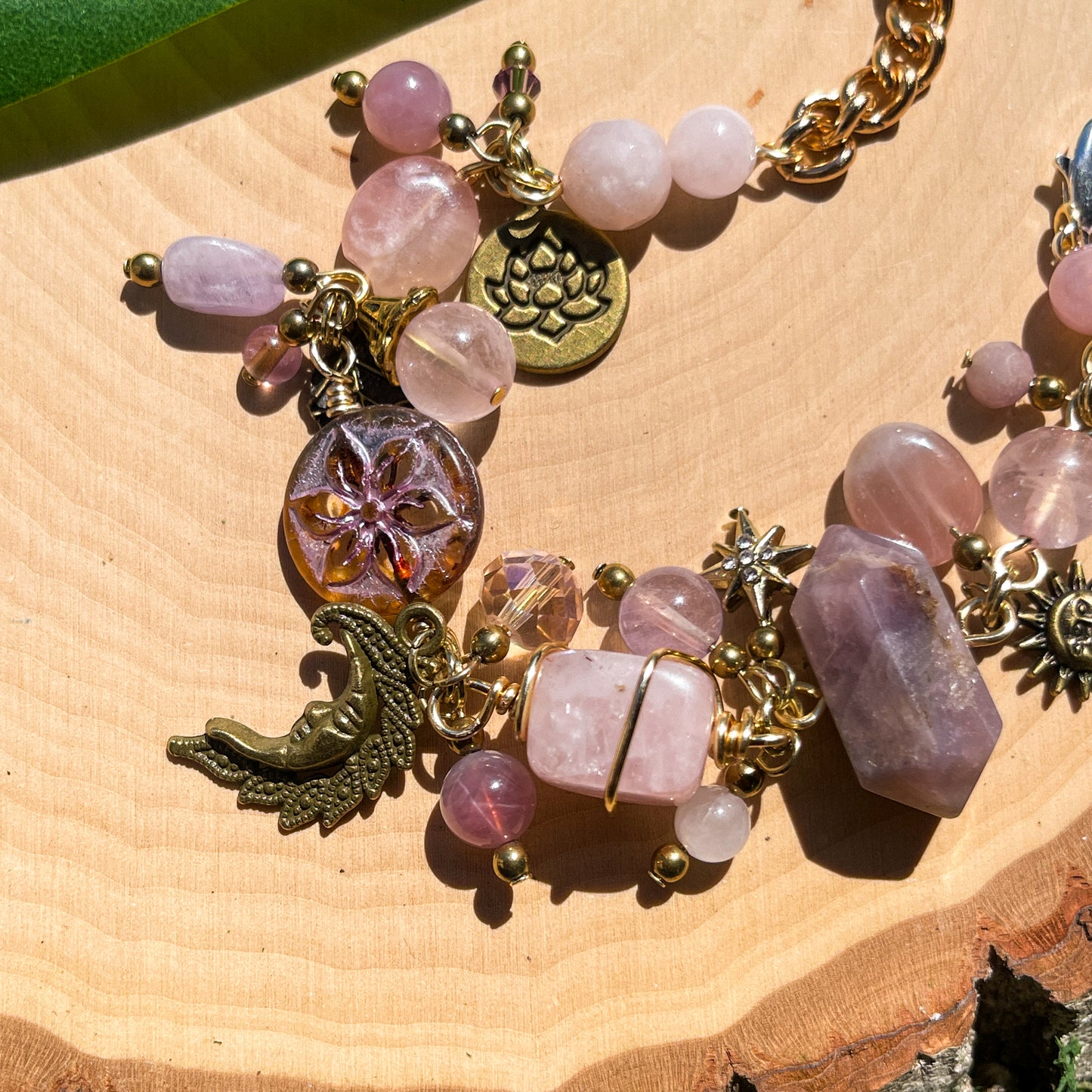 Strawberry Quartz, Fluorite + Madagascar Rose Charm Bracelet