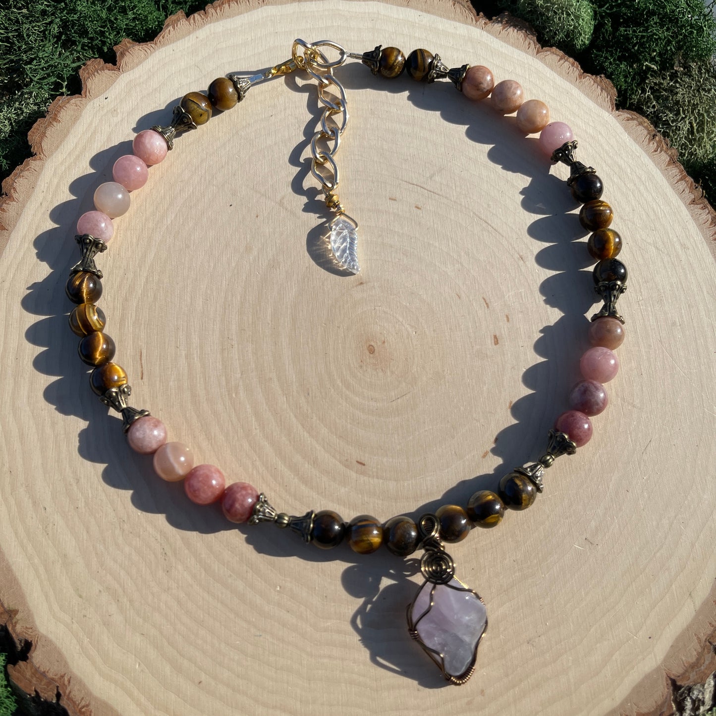 Rhea • 10mm Peach Moonstone, Rose Quartz + Tigers Eye Necklace