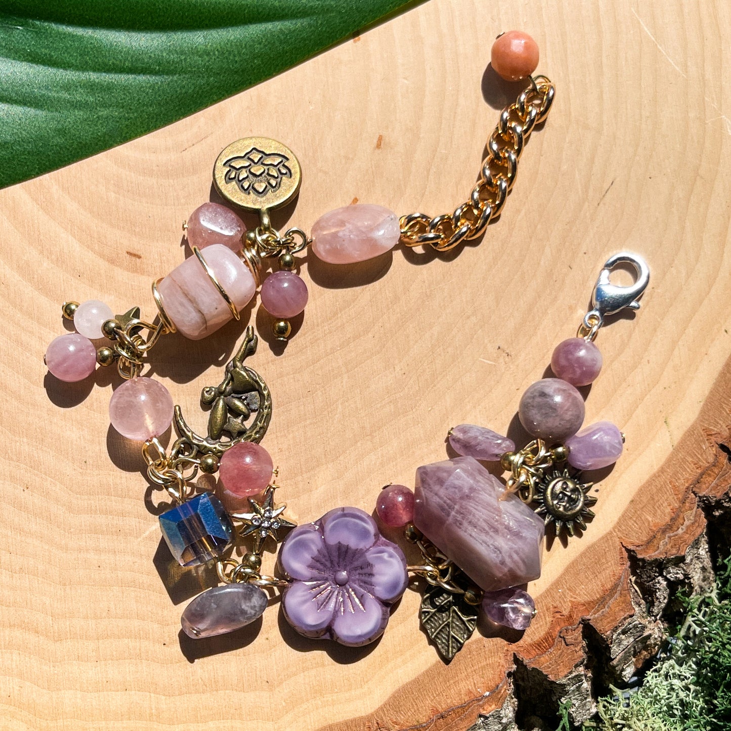 Lavender Amethyst, Madagascar Rose Quartz + Lepidolite Charm Bracelet
