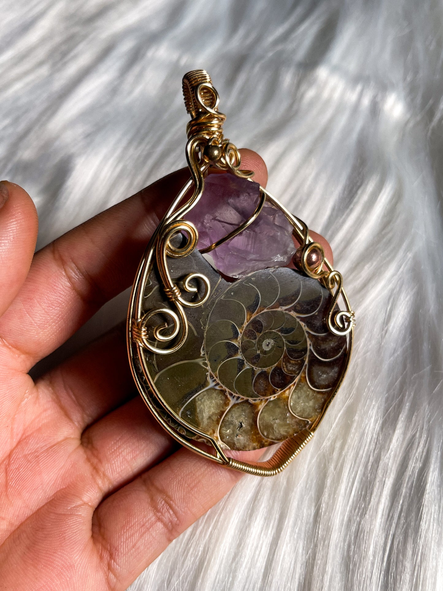 XL Ammonite Fossil & Amethyst Pendant (Rare)