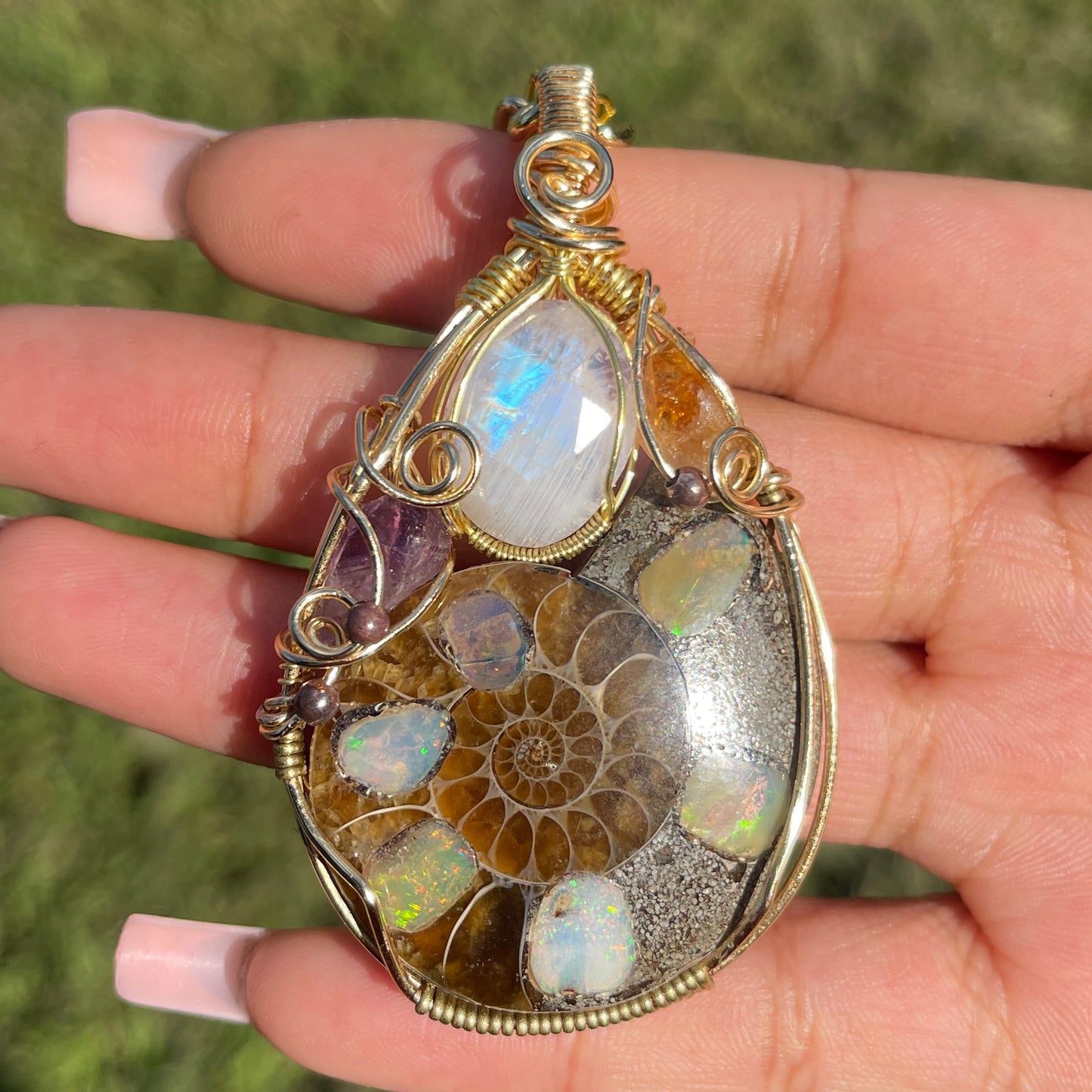 Suki • Large Ethiopian Opal Inlayed Ammonite, Moonstone, Amethyst + Citrine Talisman (RARE)