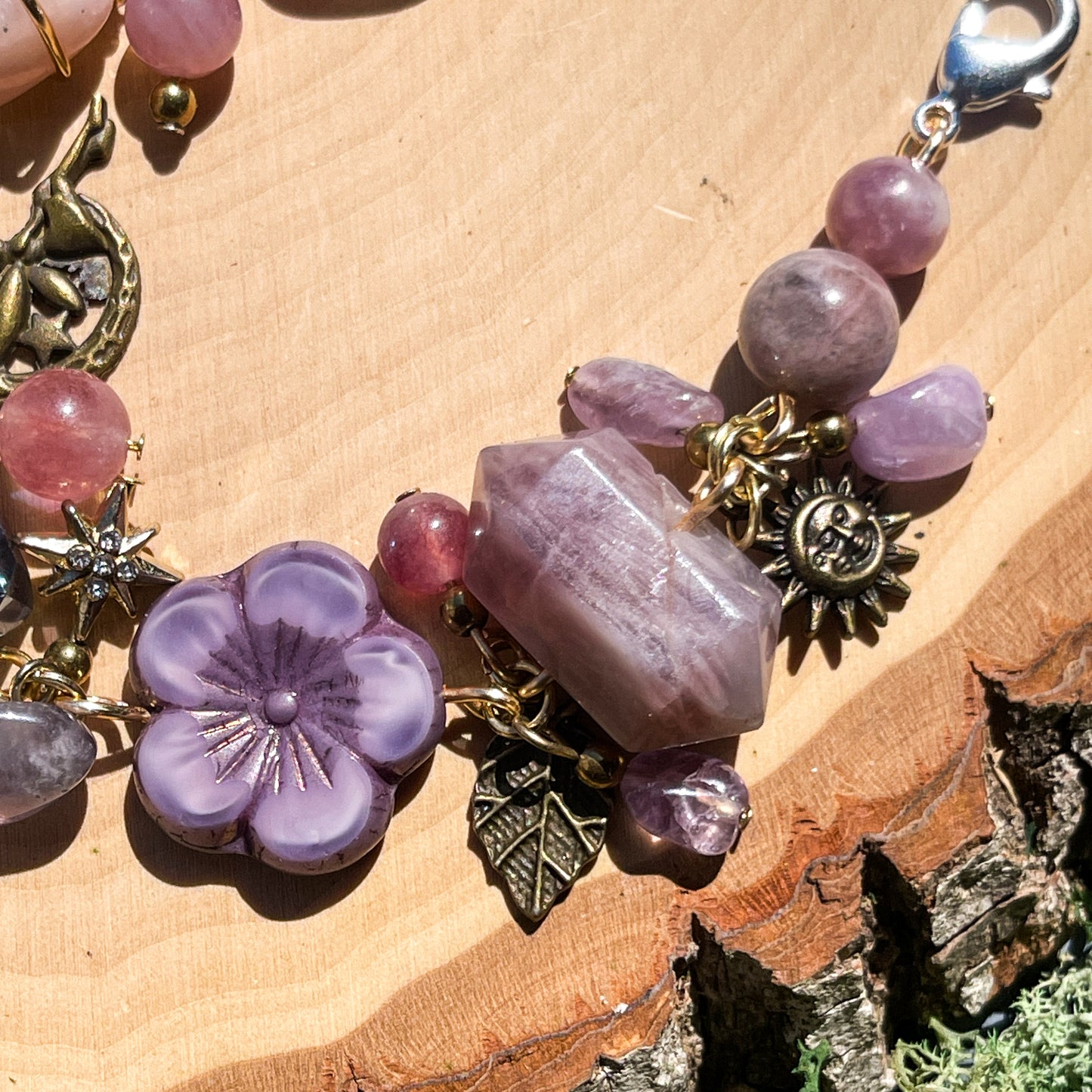 Lavender Amethyst, Madagascar Rose Quartz + Lepidolite Charm Bracelet