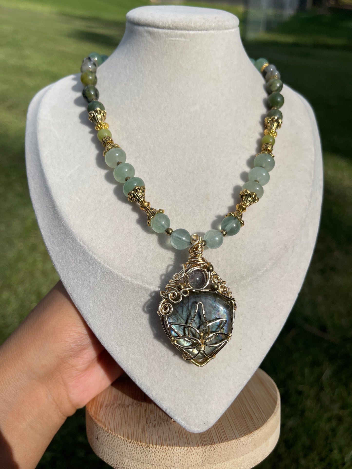 Fallyn • Labradorite, Fluorite, Jade + Mossy Agate Lotus Flower Necklace