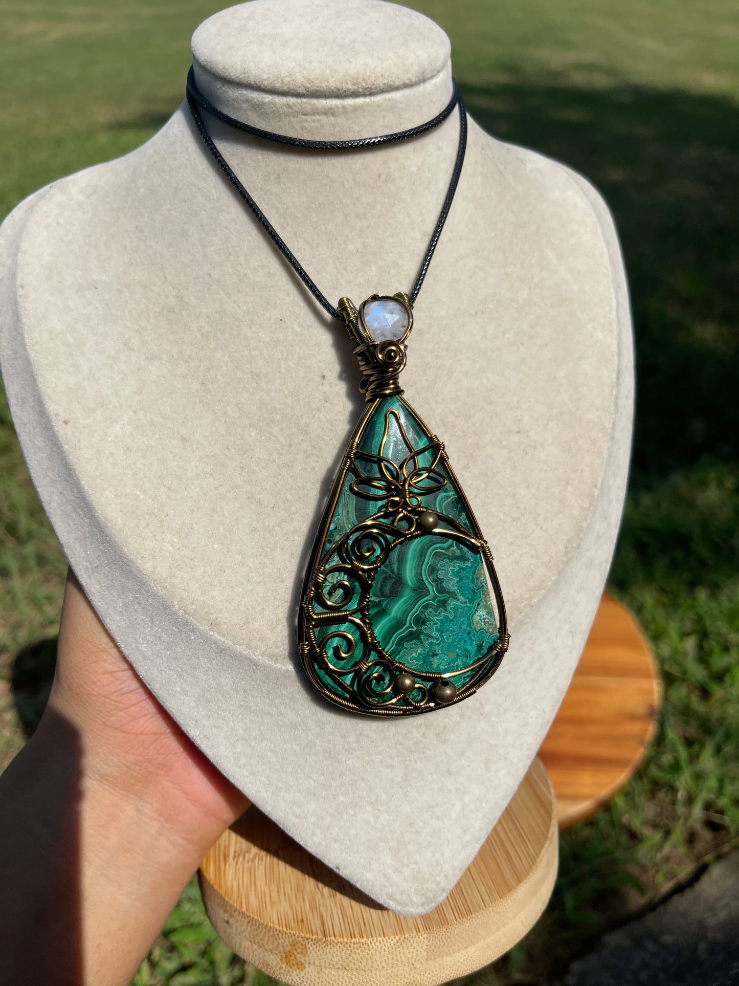 Large Malachite + Moonstone Crescent Moon Pendant