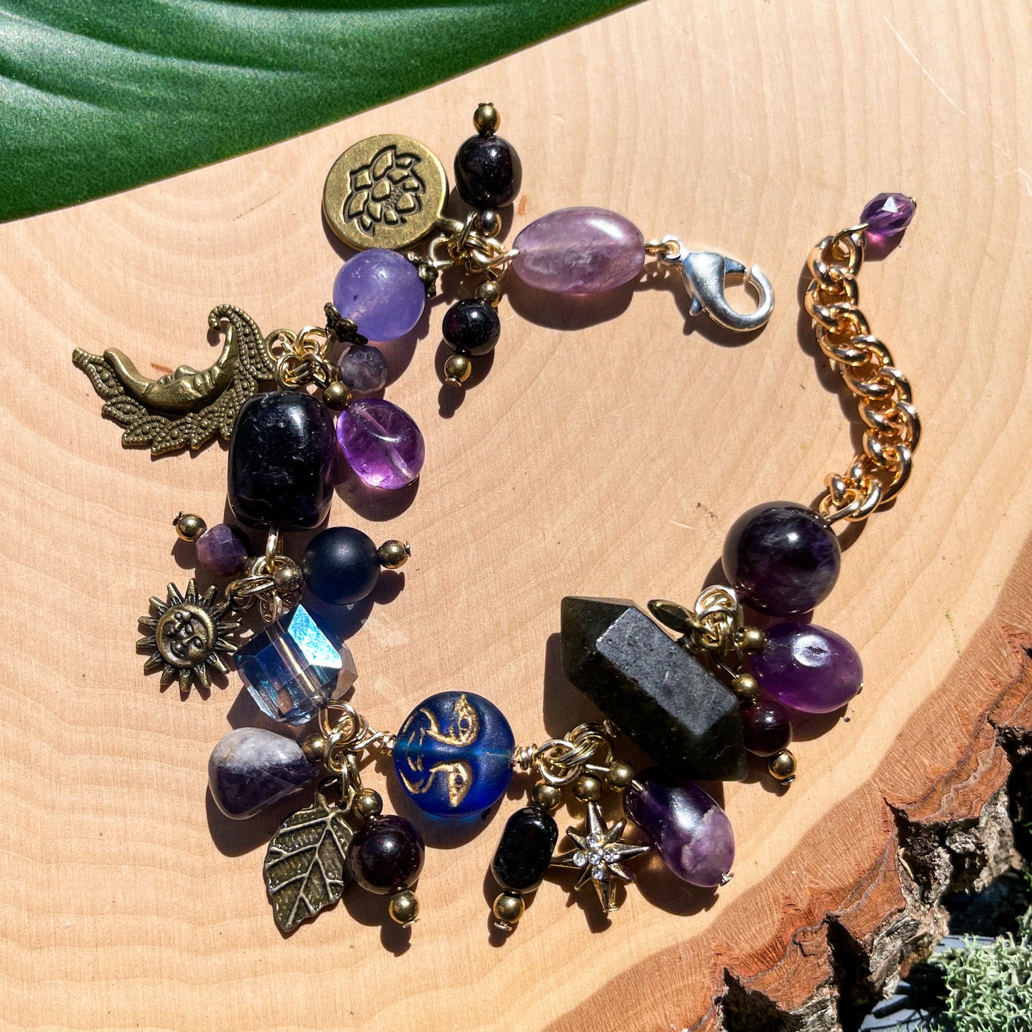 Whimsigoth Amethyst, Onyx + Smokey Quartz Charm Bracelet