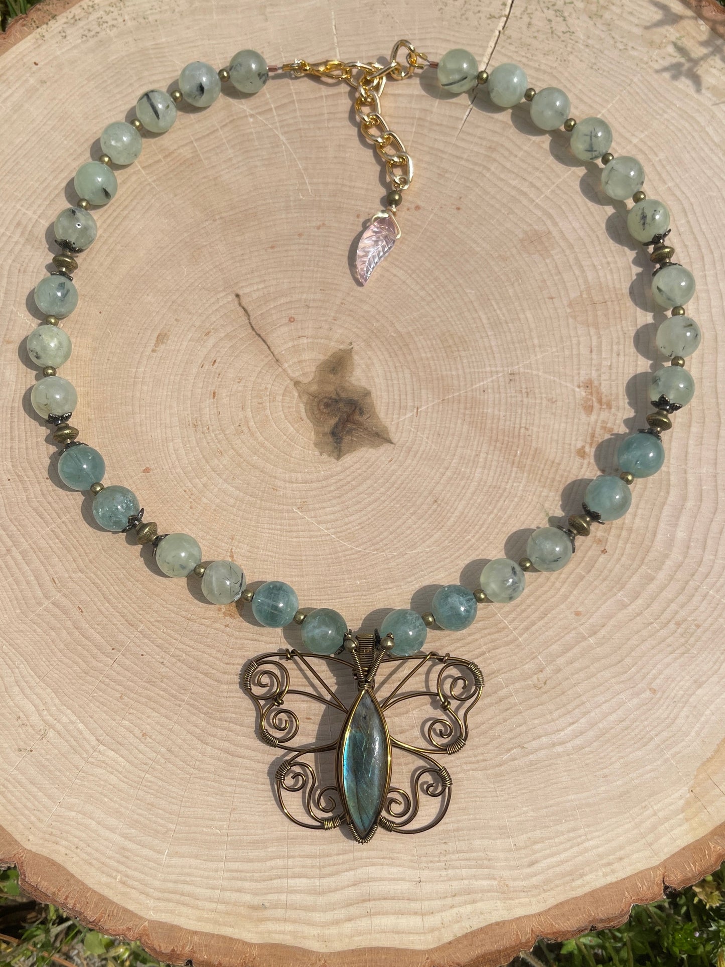 10mm Aquamarine, Prehnite + Labradorite Butterfly Necklace