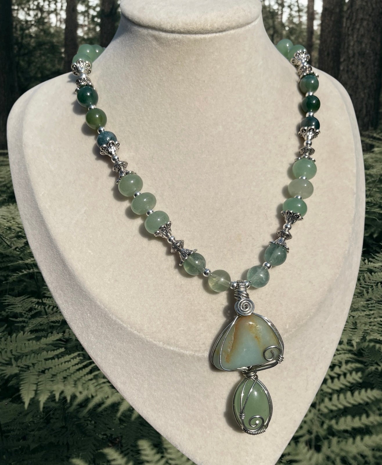 Lora • Moss Agate, Fluorite + Green Aventurine Mushroom Necklace