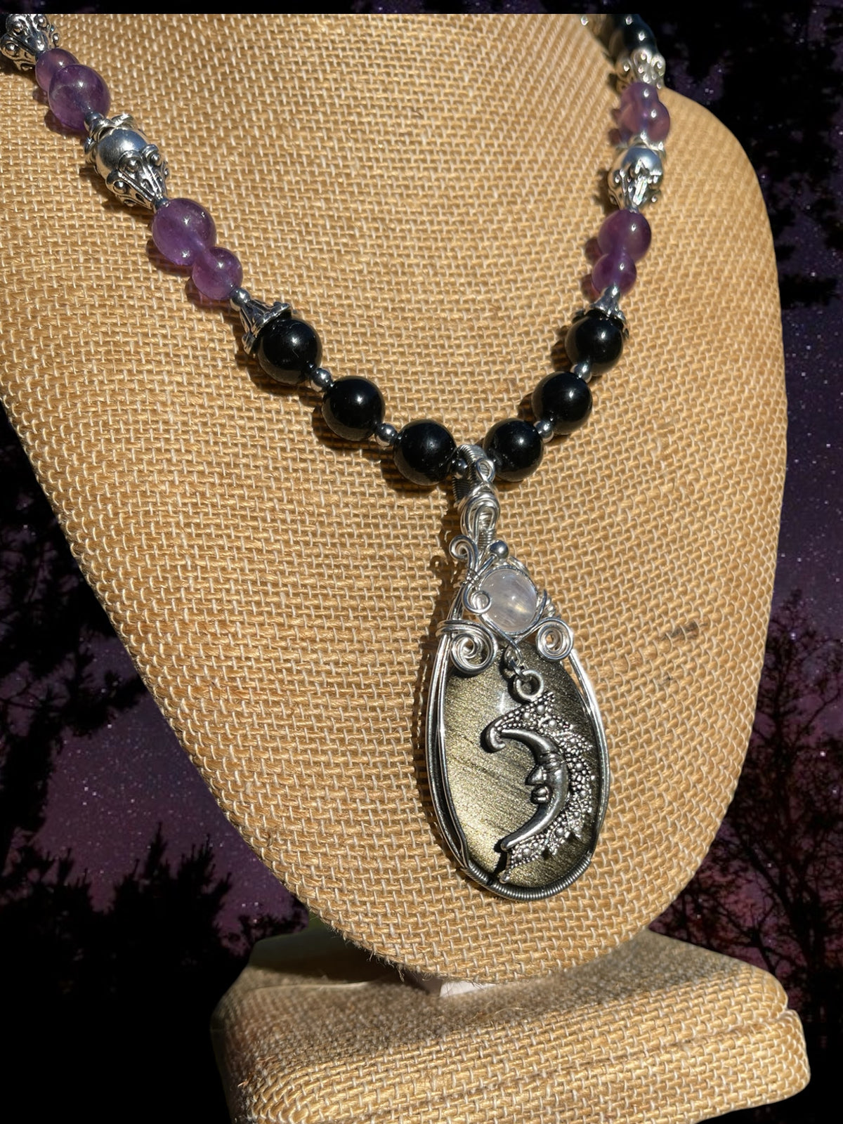 Eclipse • Goldsheen Obsidian, Moonstone + Amethyst Moon Necklace