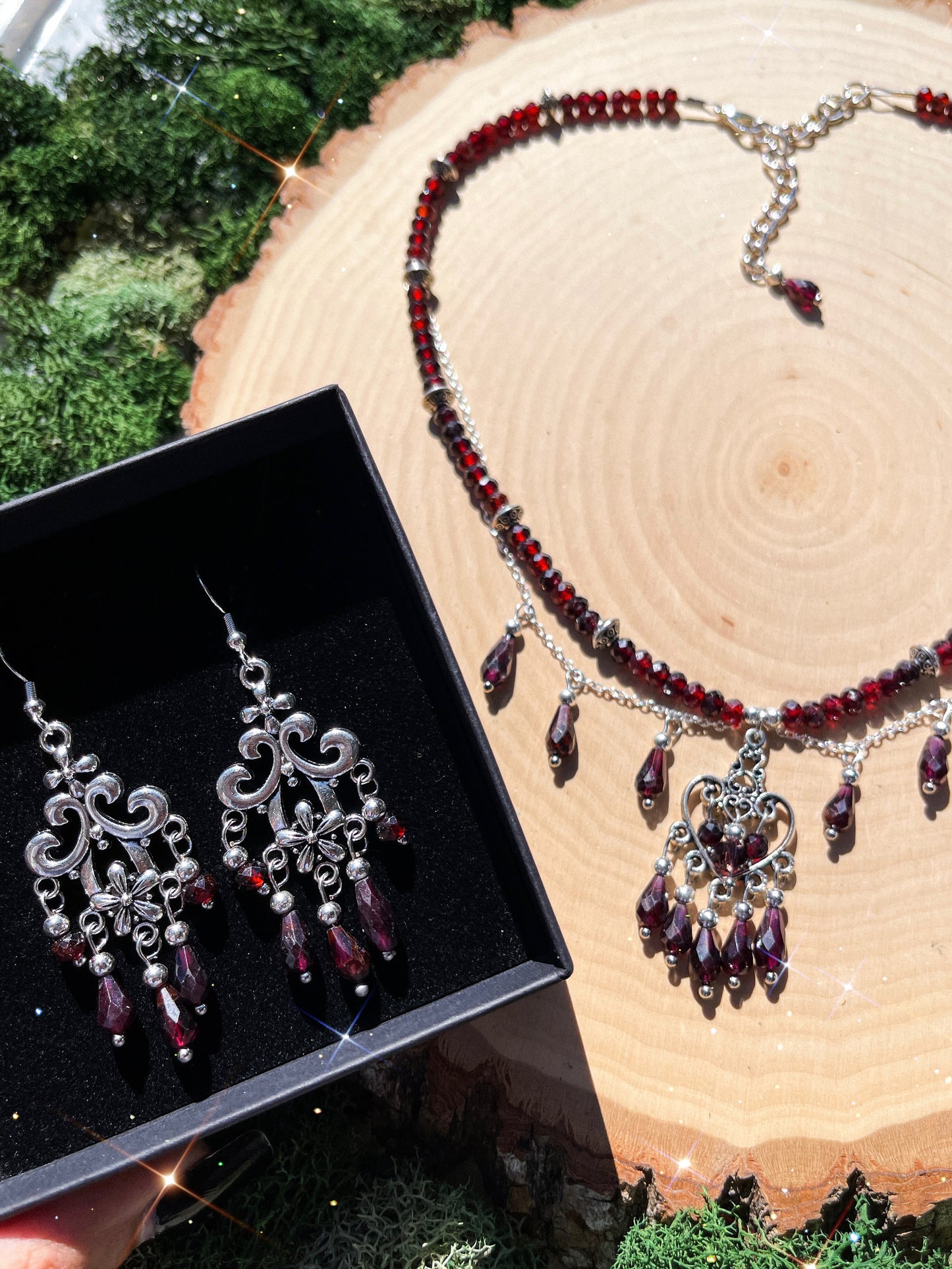 🥀 The Midnight Rose Set • Faceted Garnet Chandelier Necklace + Earrings
