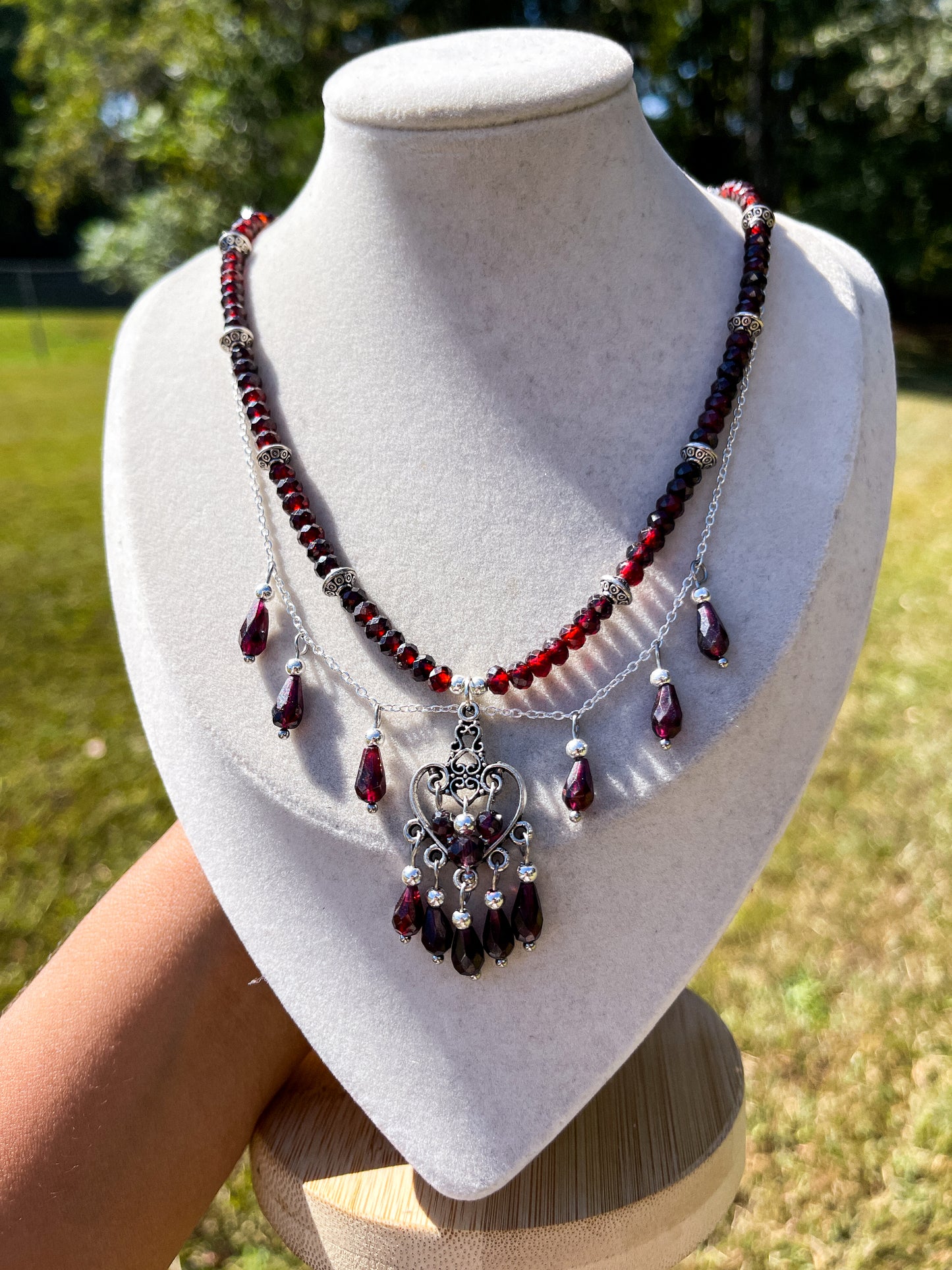 🥀 The Midnight Rose Set • Faceted Garnet Chandelier Necklace + Earrings