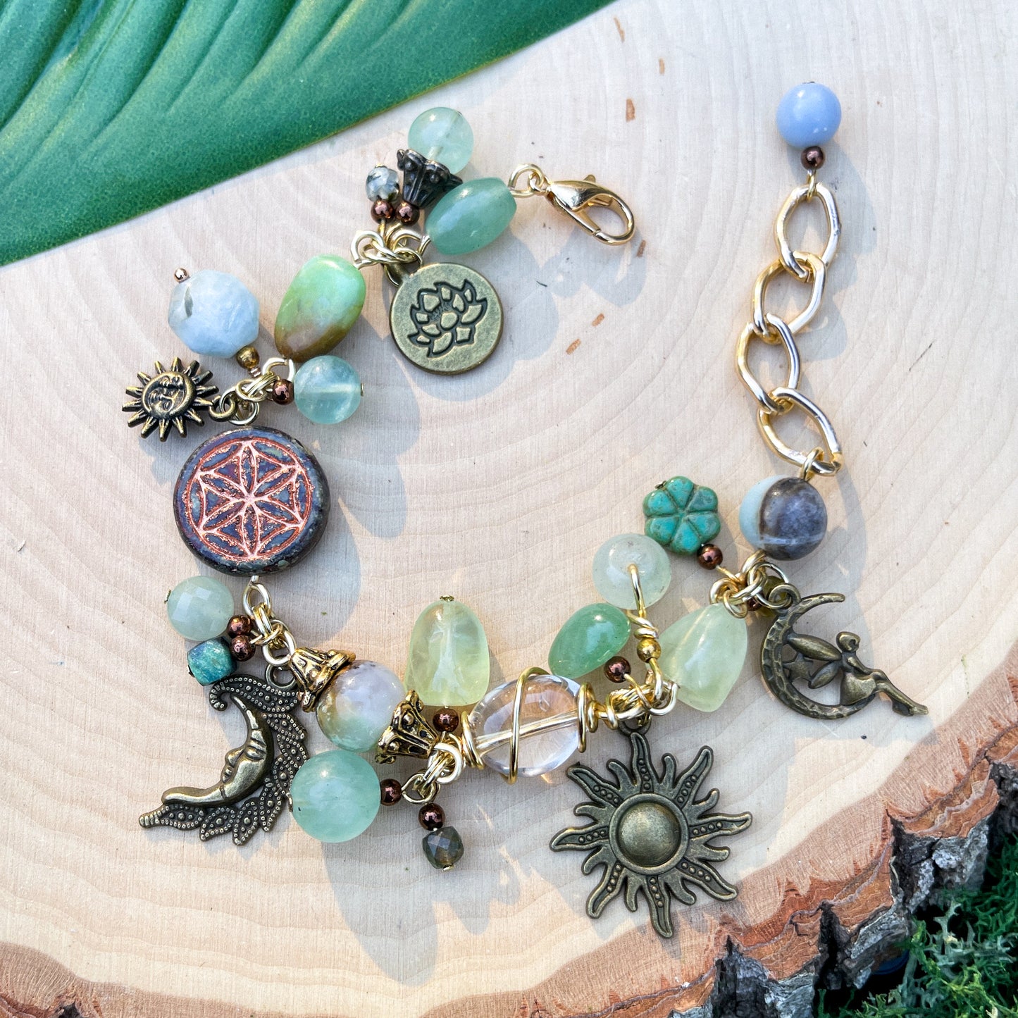 Chrysoprase, Prehnite, Fluorite + Aquamarine Charm Bracelet