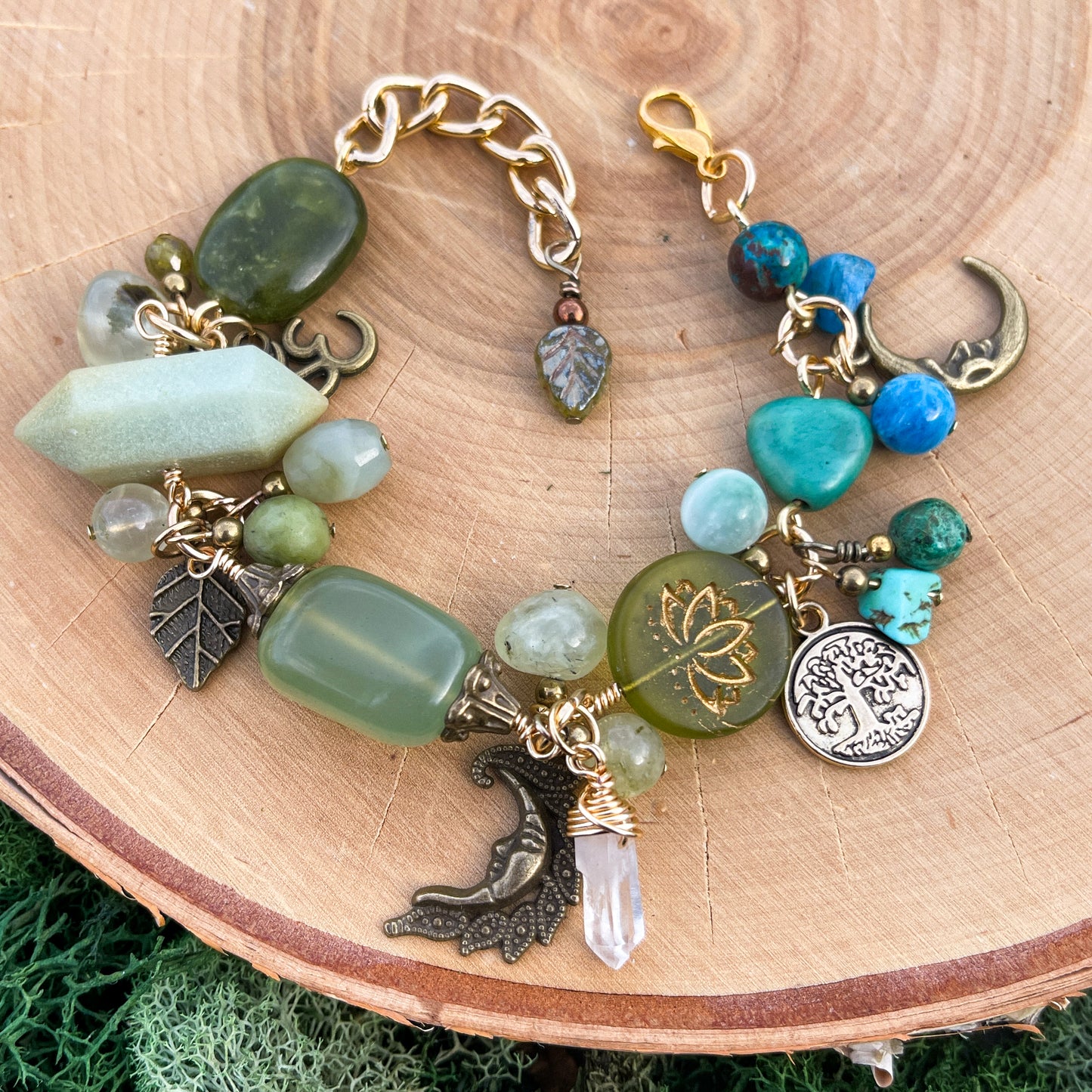 February • Mako Island 🌿 Jade, Prehnite, Turquoise, Larimar, Blue Apatite + Quartz Charm Bracelet