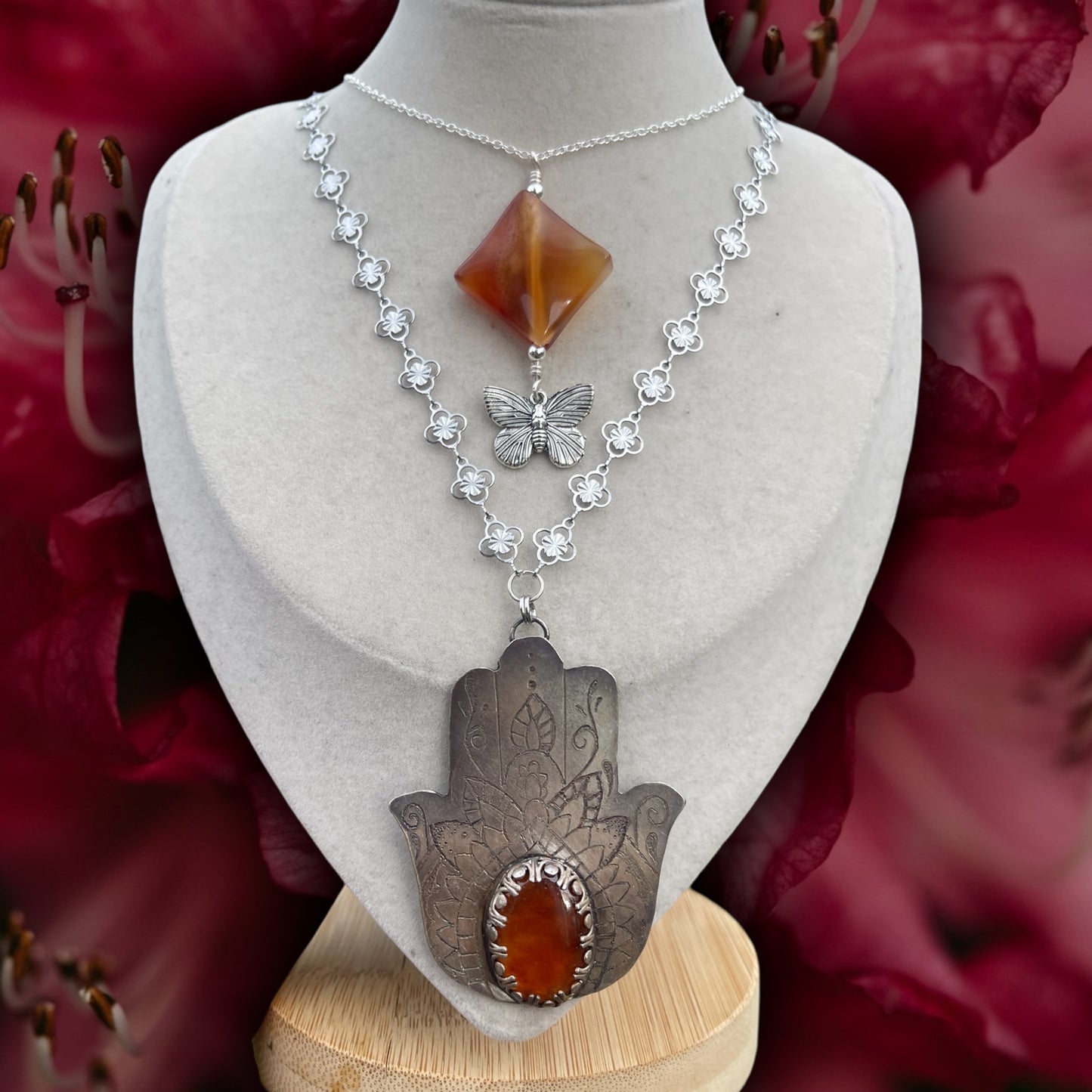 Hamsa Hand, Carnelian + Hessonite Garnet 2-Piece Necklace Stack