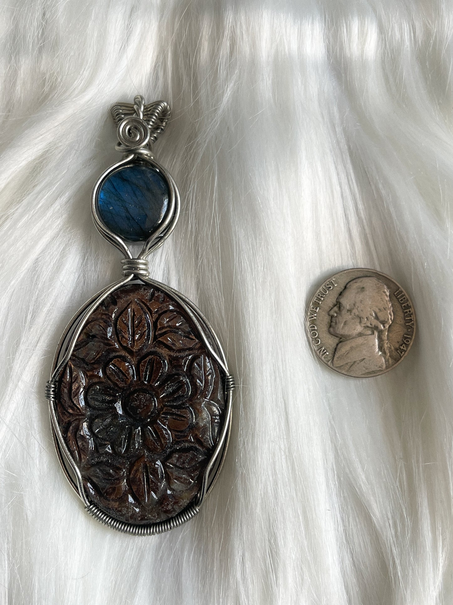 Labradorite + Carved Goldsheen Obsidian Pendant