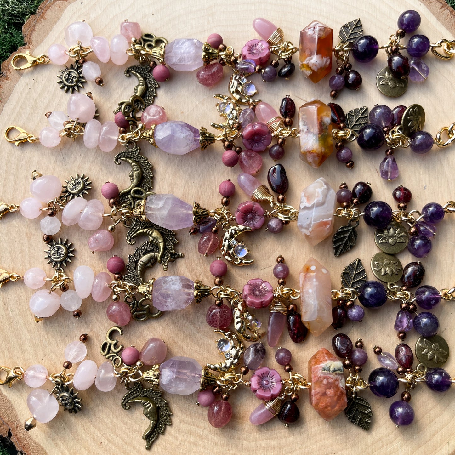 January • Midnight Bloom 🌺 Rose Quartz, Amethyst, Fluorite, Lepidolite, Strawberry + Rhodonite Charm Bracelet