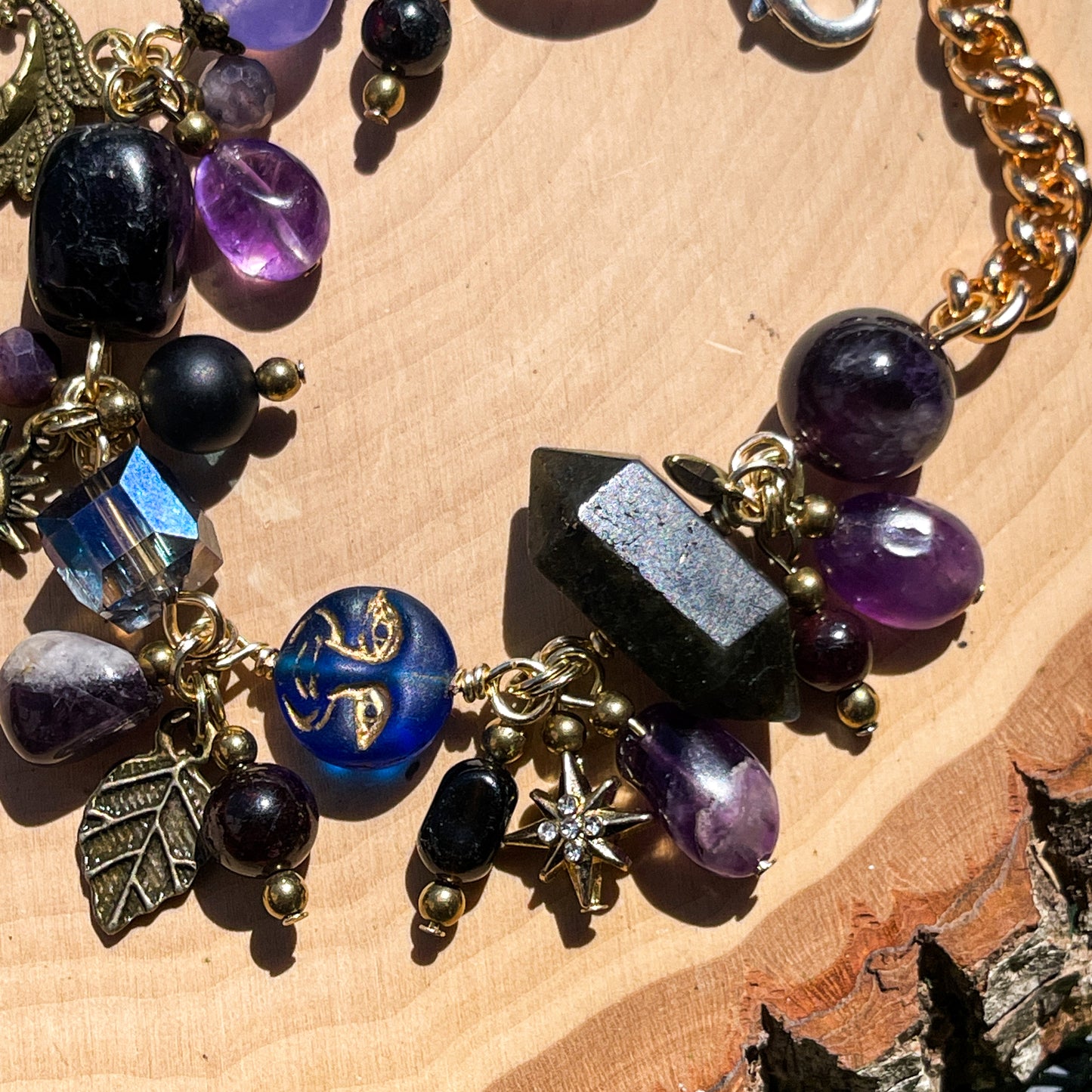Whimsigoth Amethyst, Onyx + Smokey Quartz Charm Bracelet