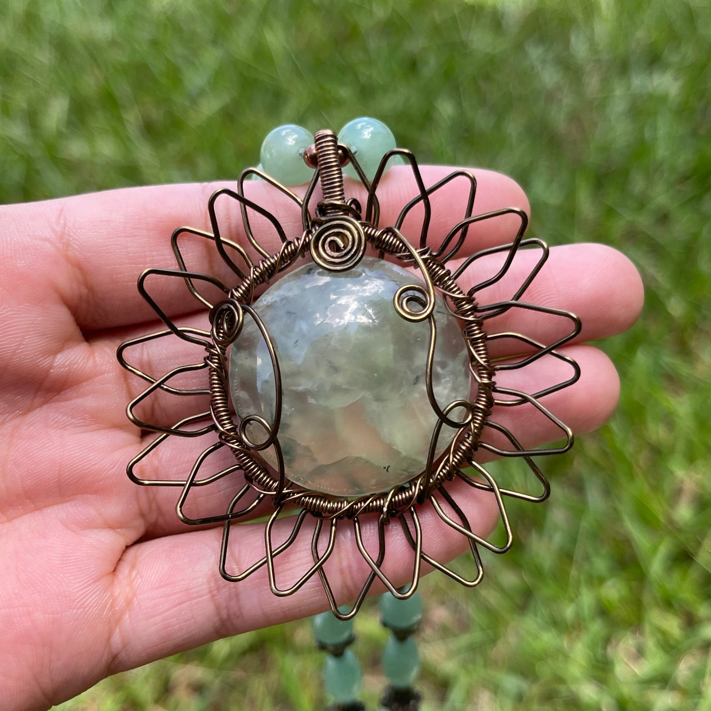 Flora • Prehnite, Aventurine + Moss Agate Sunflower Necklace