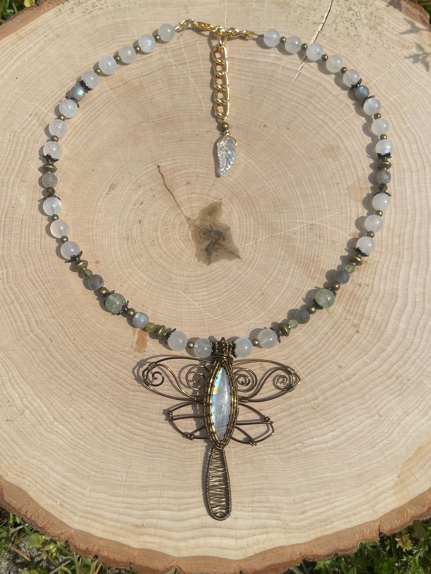 Moonstone, Prehnite, Labradorite + Green Garnet Dragonfly
